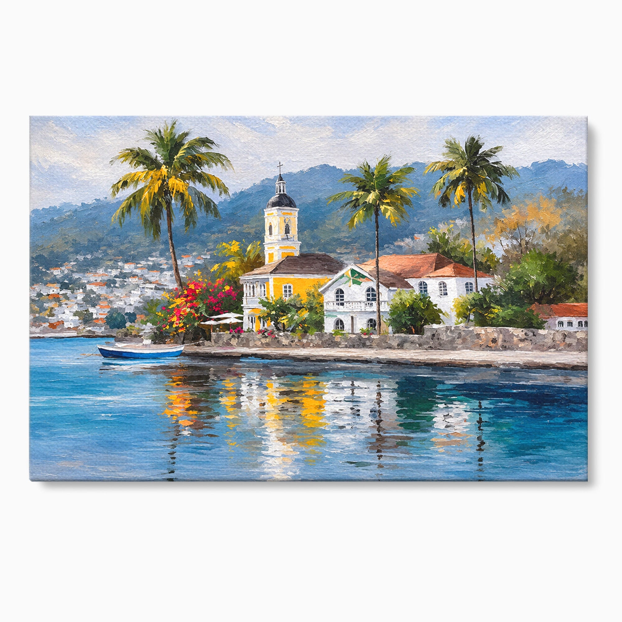 Tablou Canvas Premium LuxCanva® O1064, Biserica Tropicala, Biserica, Peisaj, Tropical, Mare, Vacanta, Living, Culori Vibrante