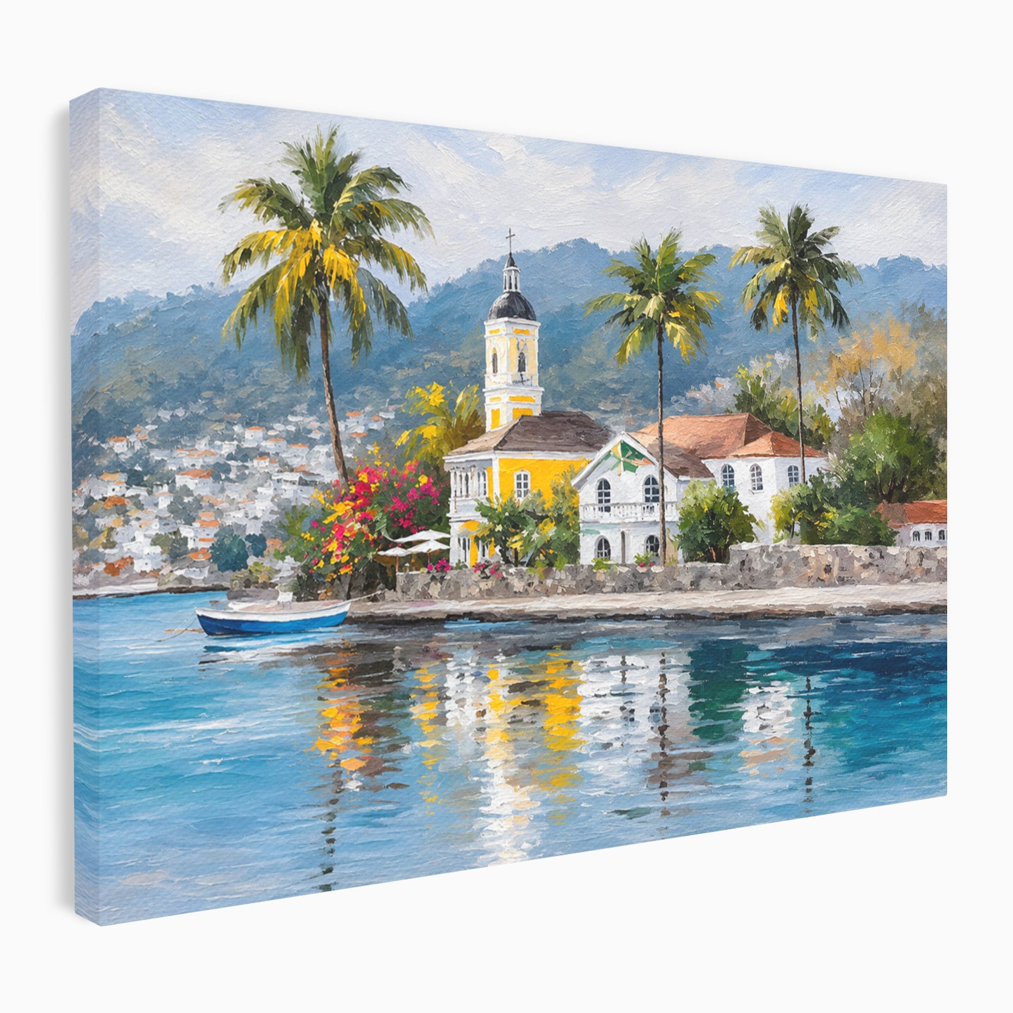 Tablou Canvas Premium LuxCanva® O1064, Biserica Tropicala, Biserica, Peisaj, Tropical, Mare, Vacanta, Living, Culori Vibrante