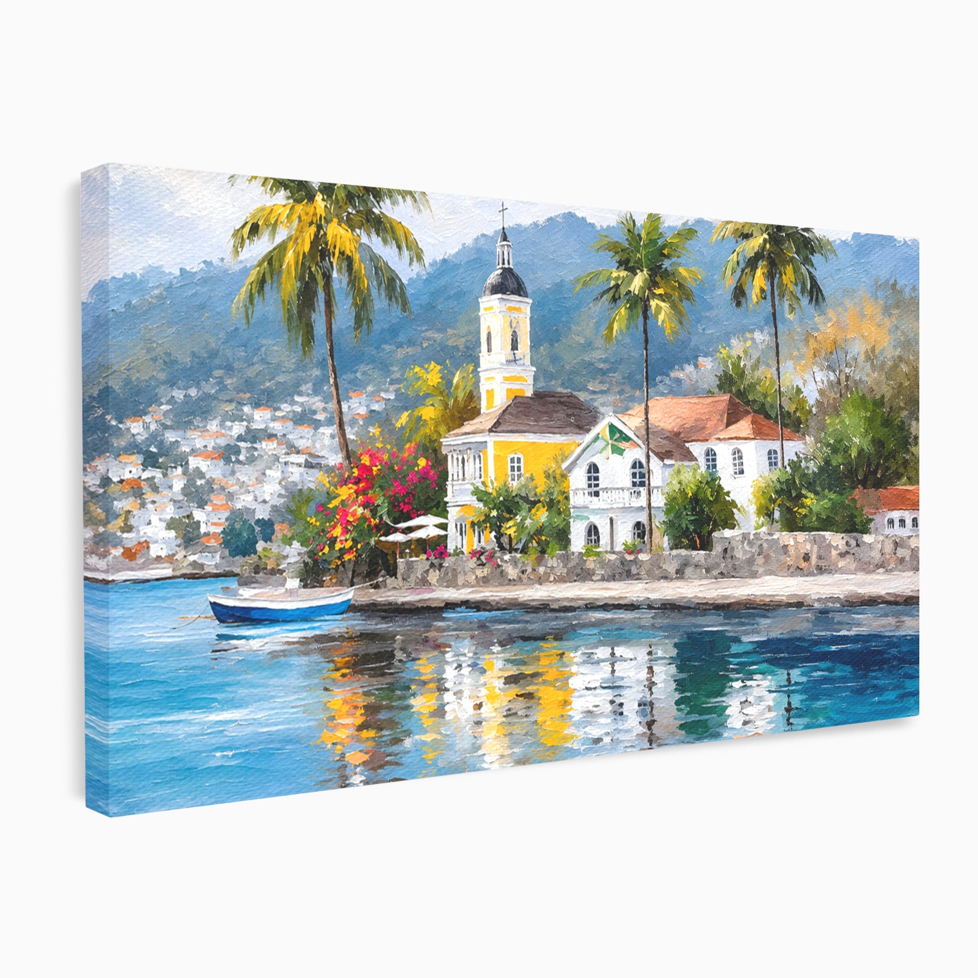 Tablou Canvas Premium LuxCanva® O1064, Biserica Tropicala, Biserica, Peisaj, Tropical, Mare, Vacanta, Living, Culori Vibrante