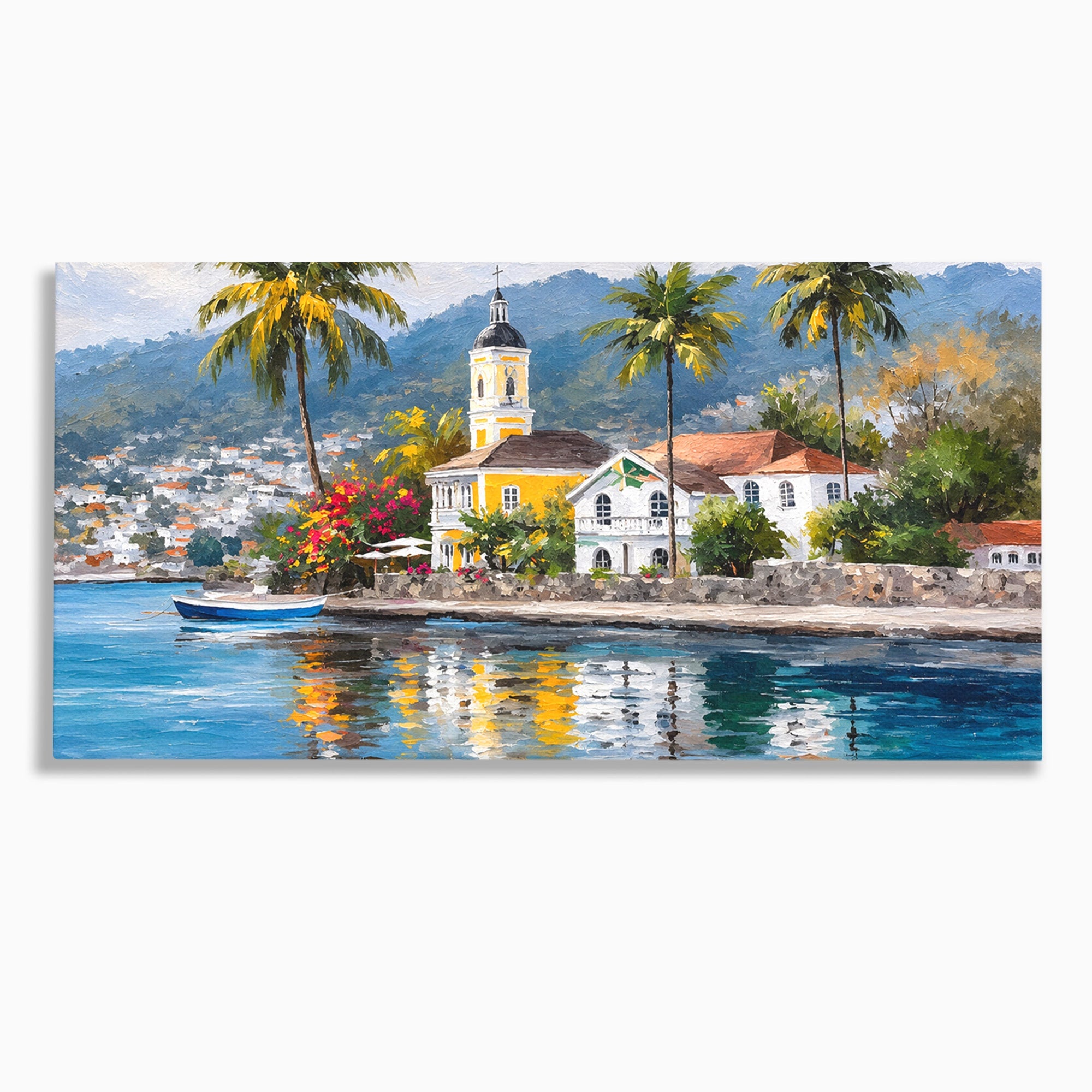 Tablou Canvas Premium LuxCanva® O1064, Biserica Tropicala, Biserica, Peisaj, Tropical, Mare, Vacanta, Living, Culori Vibrante
