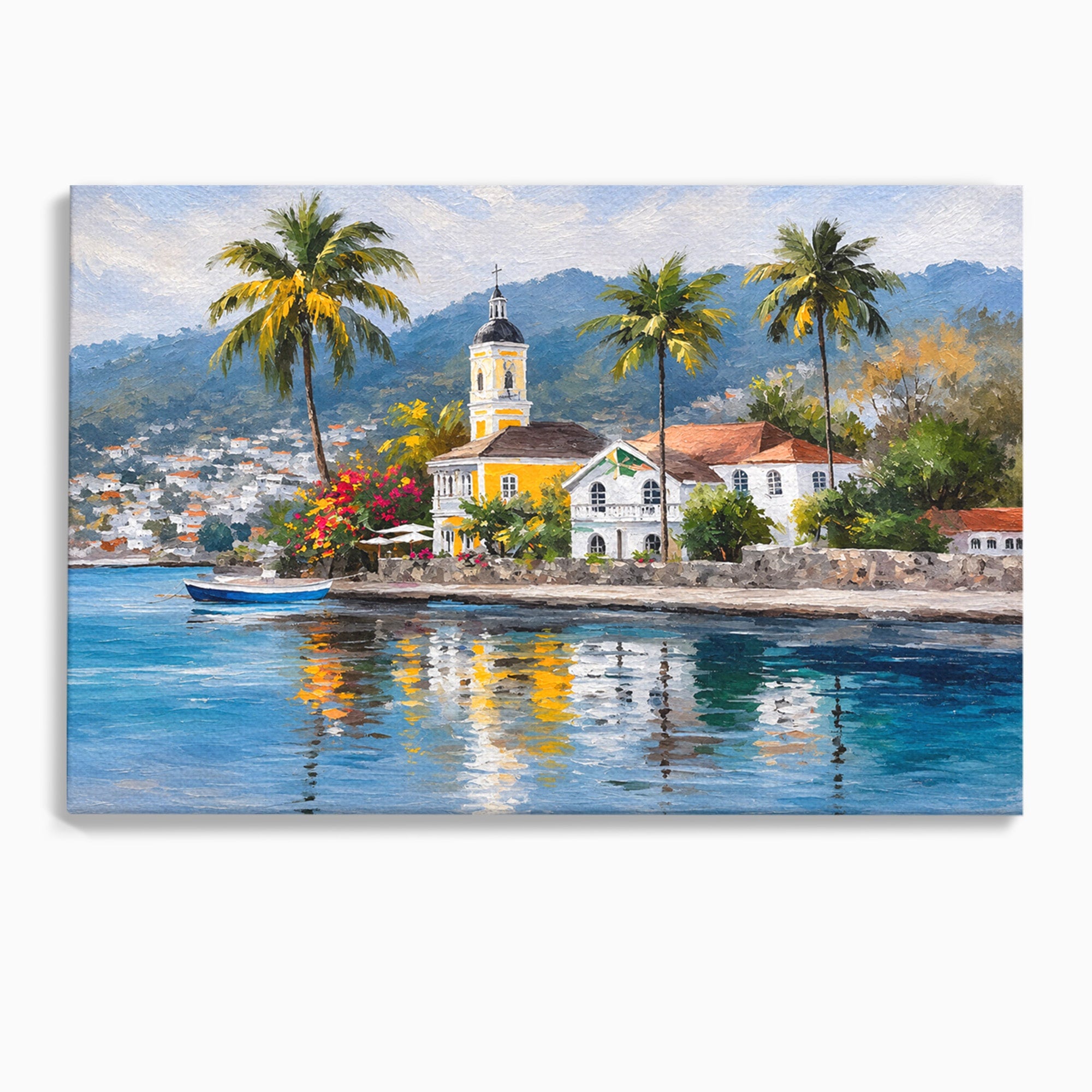 Tablou Canvas Premium LuxCanva® O1064, Biserica Tropicala, Biserica, Peisaj, Tropical, Mare, Vacanta, Living, Culori Vibrante