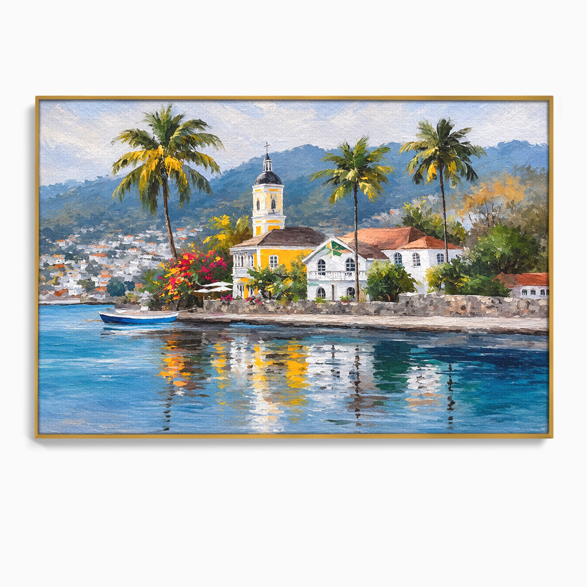 Tablou Canvas Premium LuxCanva® O1064, Biserica Tropicala, Biserica, Peisaj, Tropical, Mare, Vacanta, Living, Culori Vibrante