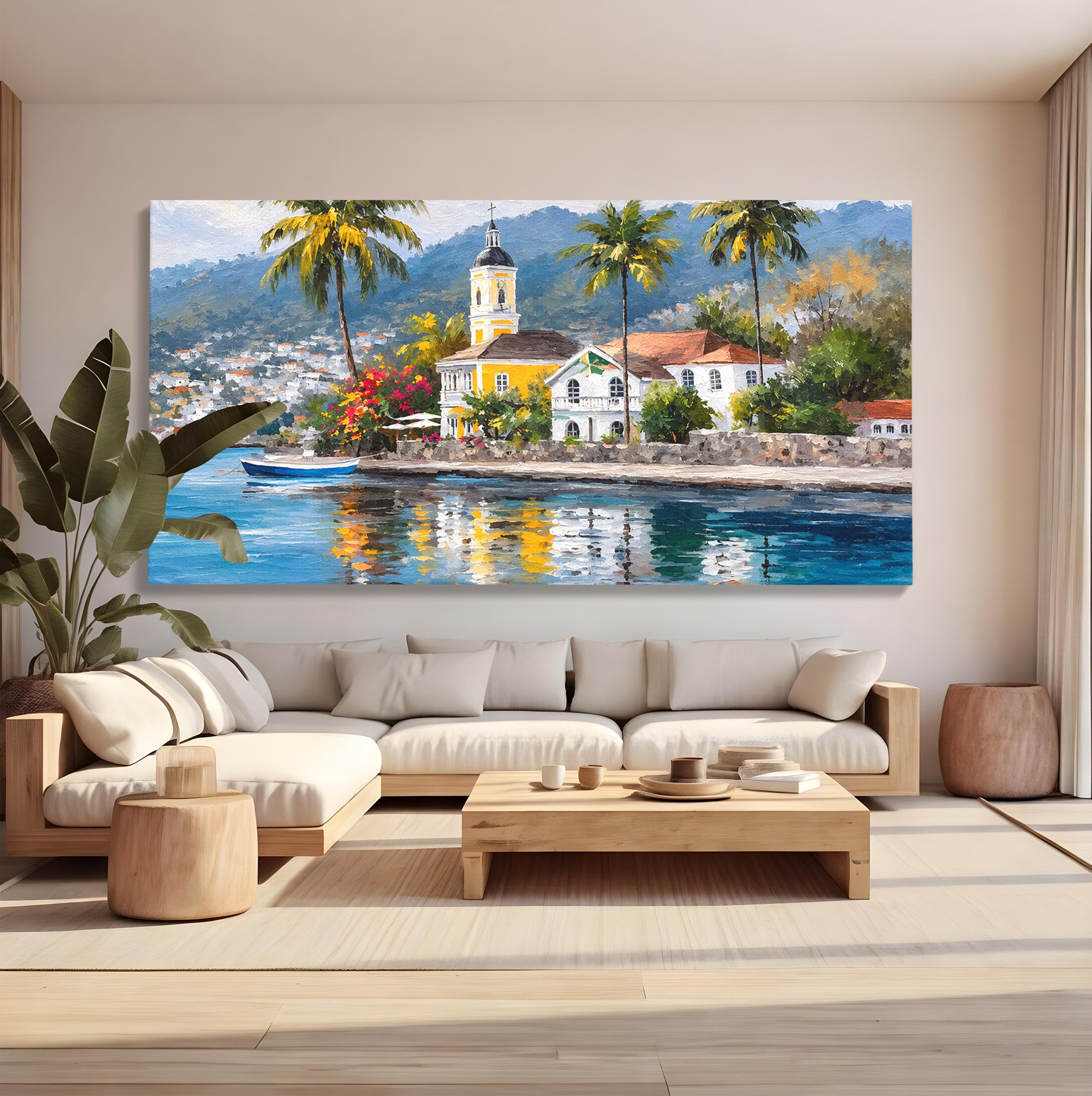 Tablou Canvas Premium LuxCanva® O1064, Biserica Tropicala, Biserica, Peisaj, Tropical, Mare, Vacanta, Living, Culori Vibrante