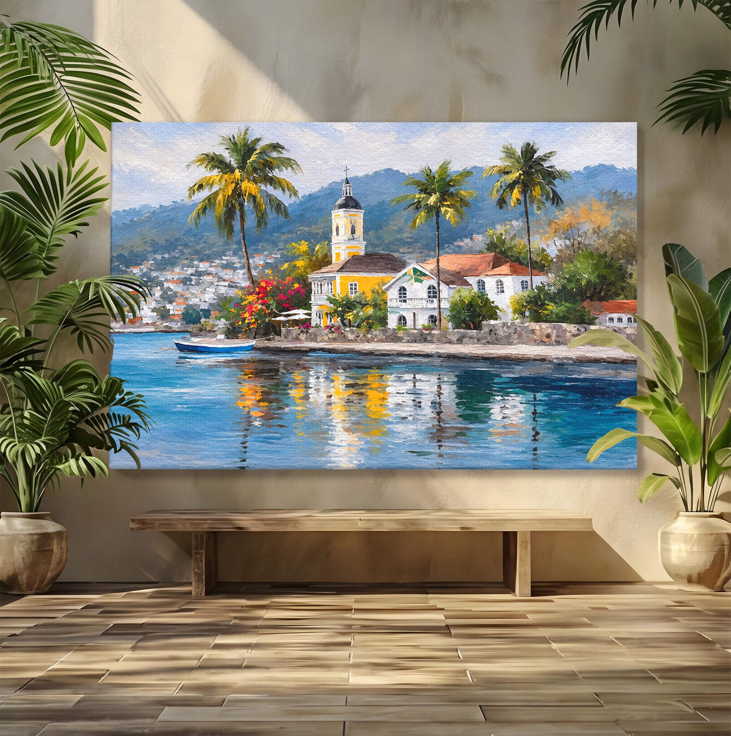Tablou Canvas Premium LuxCanva® O1064, Biserica Tropicala, Biserica, Peisaj, Tropical, Mare, Vacanta, Living, Culori Vibrante