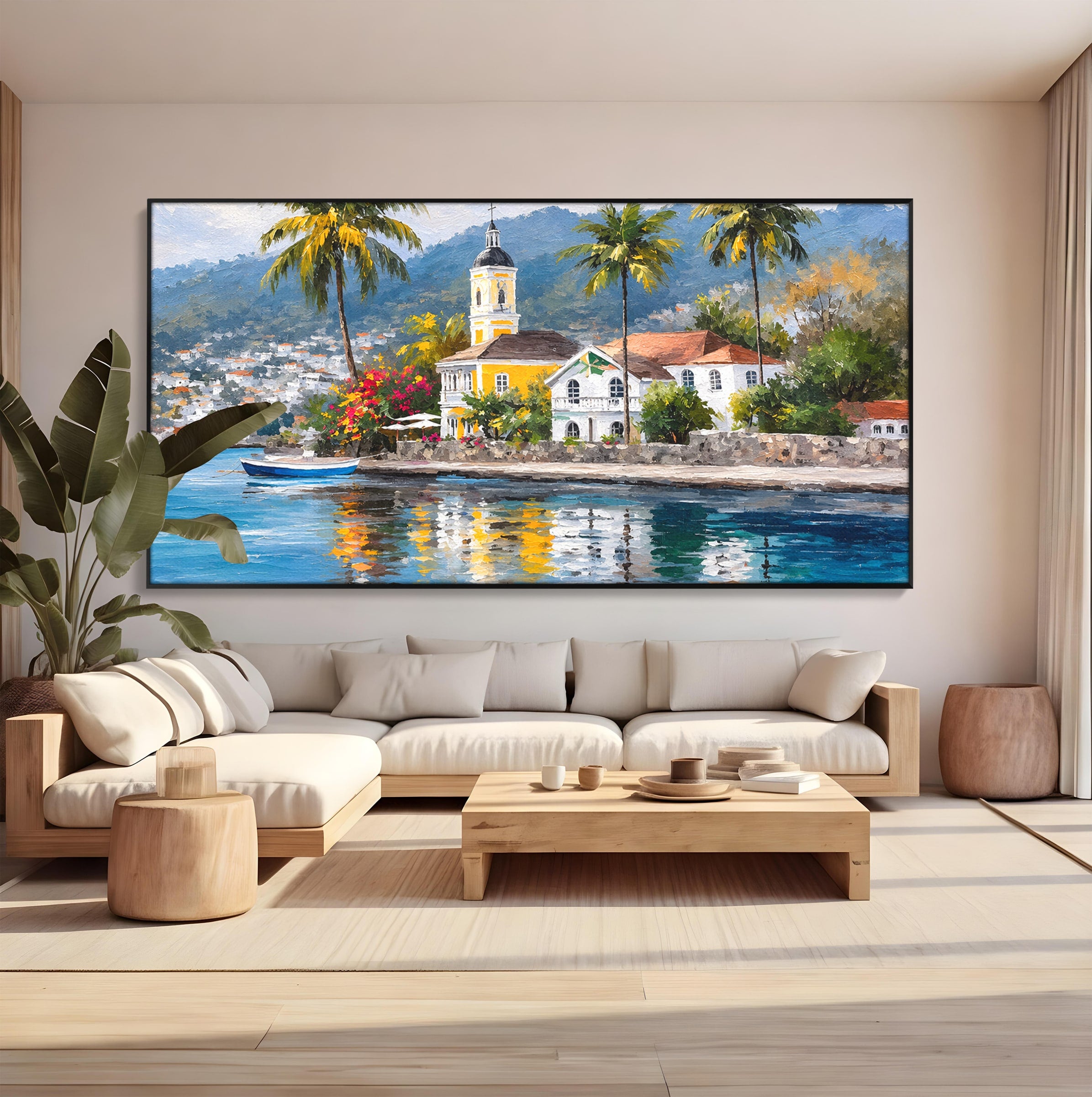 Tablou Canvas Premium LuxCanva® O1064, Biserica Tropicala, Biserica, Peisaj, Tropical, Mare, Vacanta, Living, Culori Vibrante