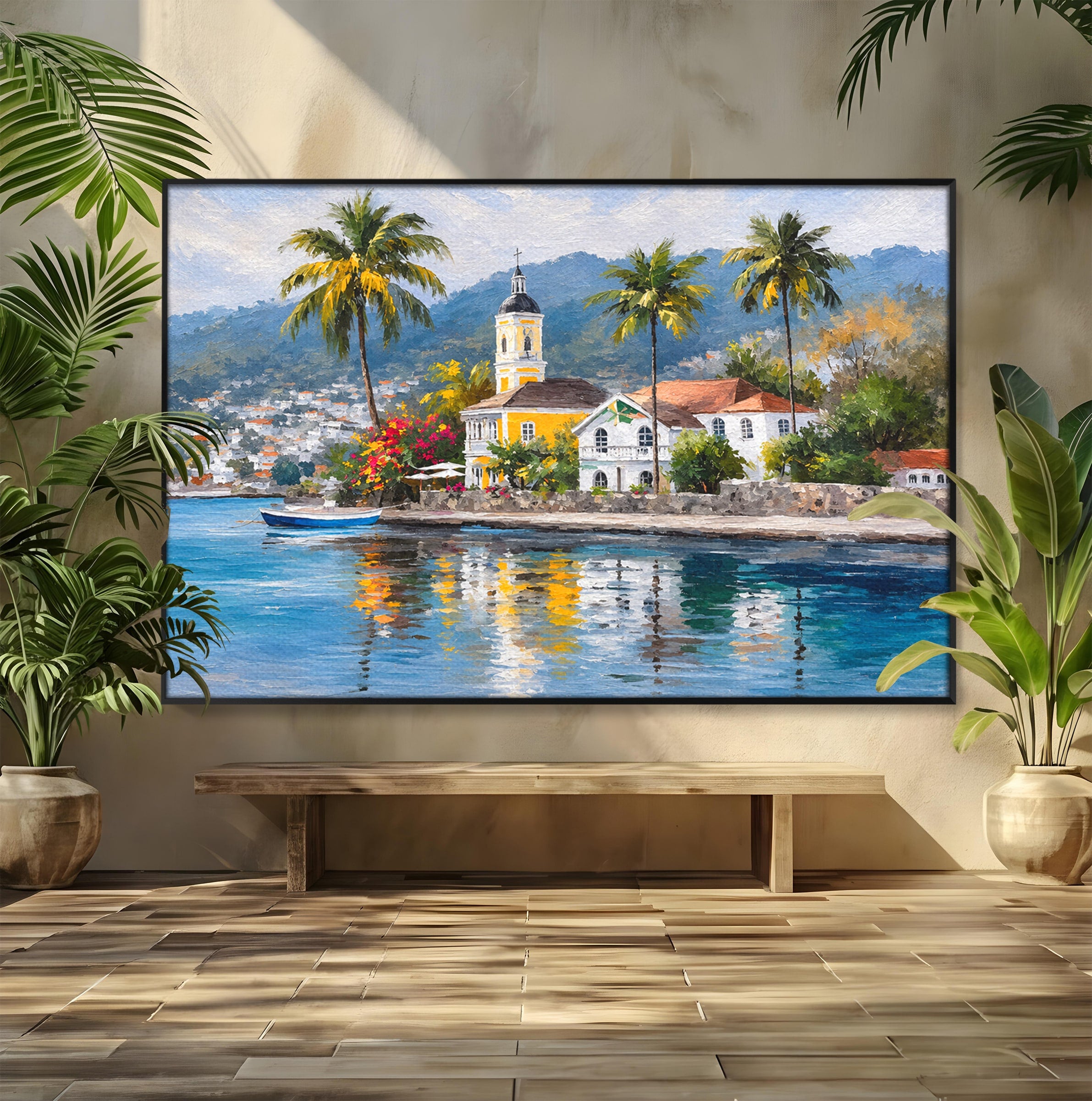 Tablou Canvas Premium LuxCanva® O1064, Biserica Tropicala, Biserica, Peisaj, Tropical, Mare, Vacanta, Living, Culori Vibrante