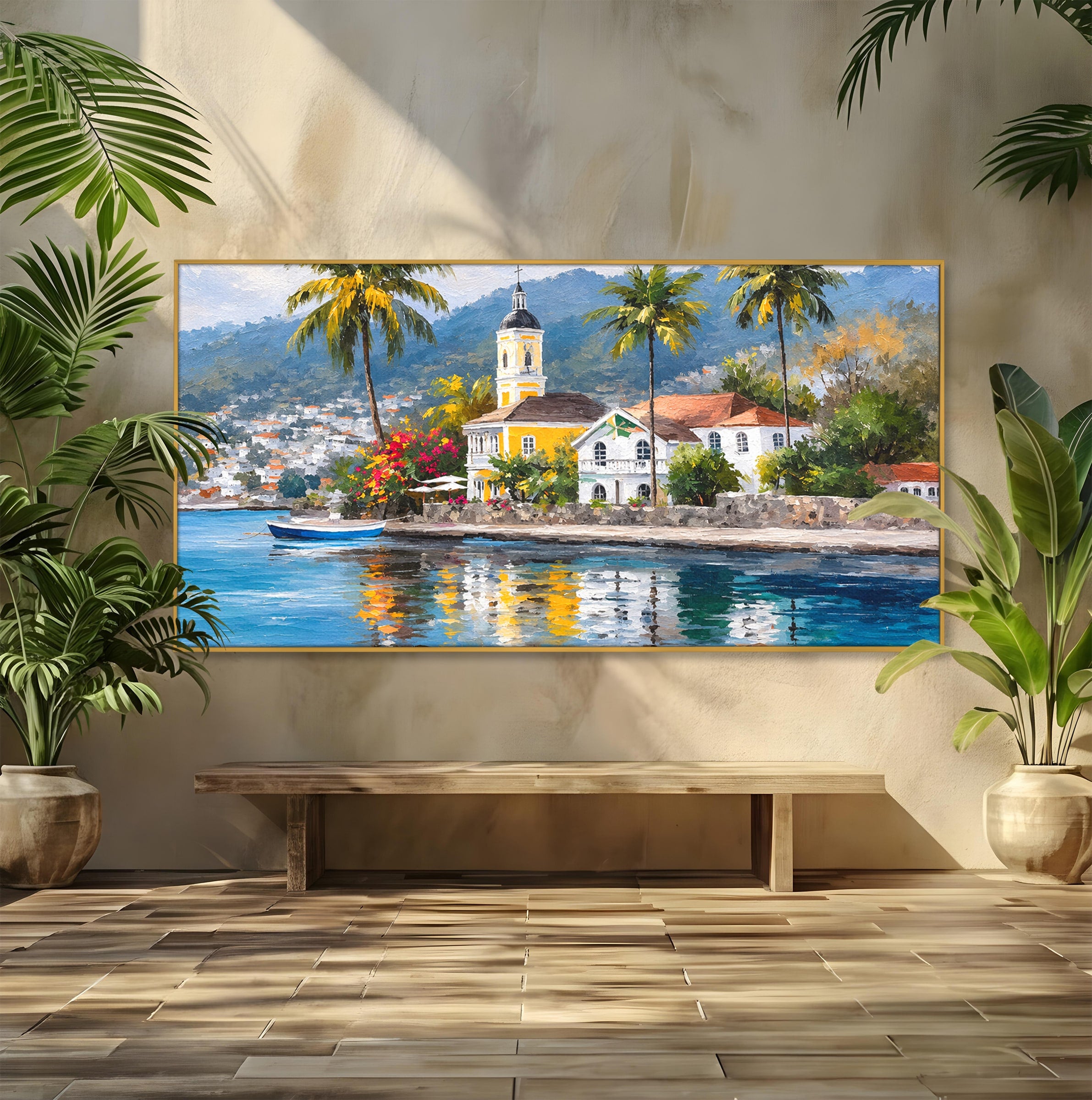 Tablou Canvas Premium LuxCanva® O1064, Biserica Tropicala, Biserica, Peisaj, Tropical, Mare, Vacanta, Living, Culori Vibrante
