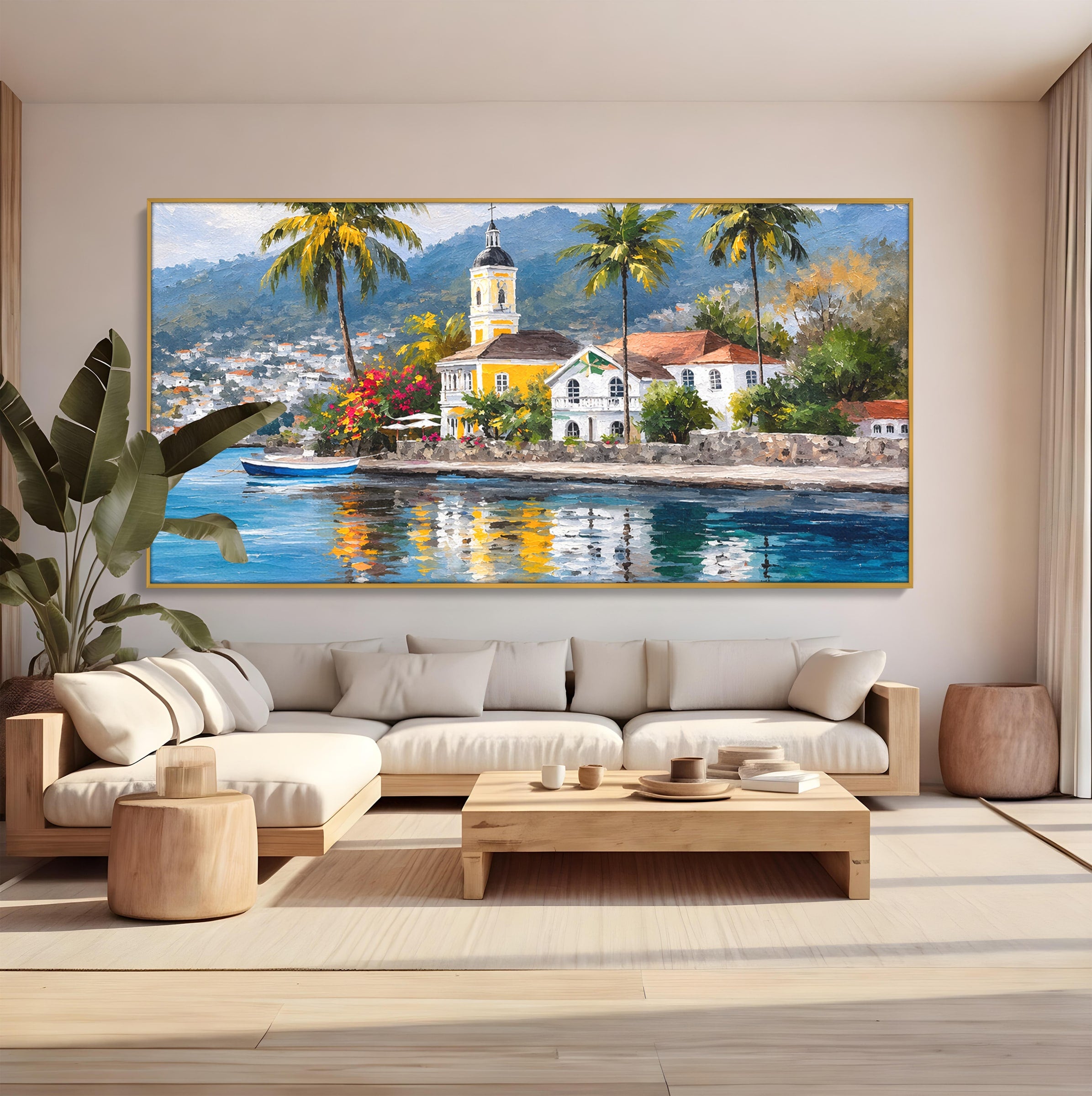 Tablou Canvas Premium LuxCanva® O1064, Biserica Tropicala, Biserica, Peisaj, Tropical, Mare, Vacanta, Living, Culori Vibrante