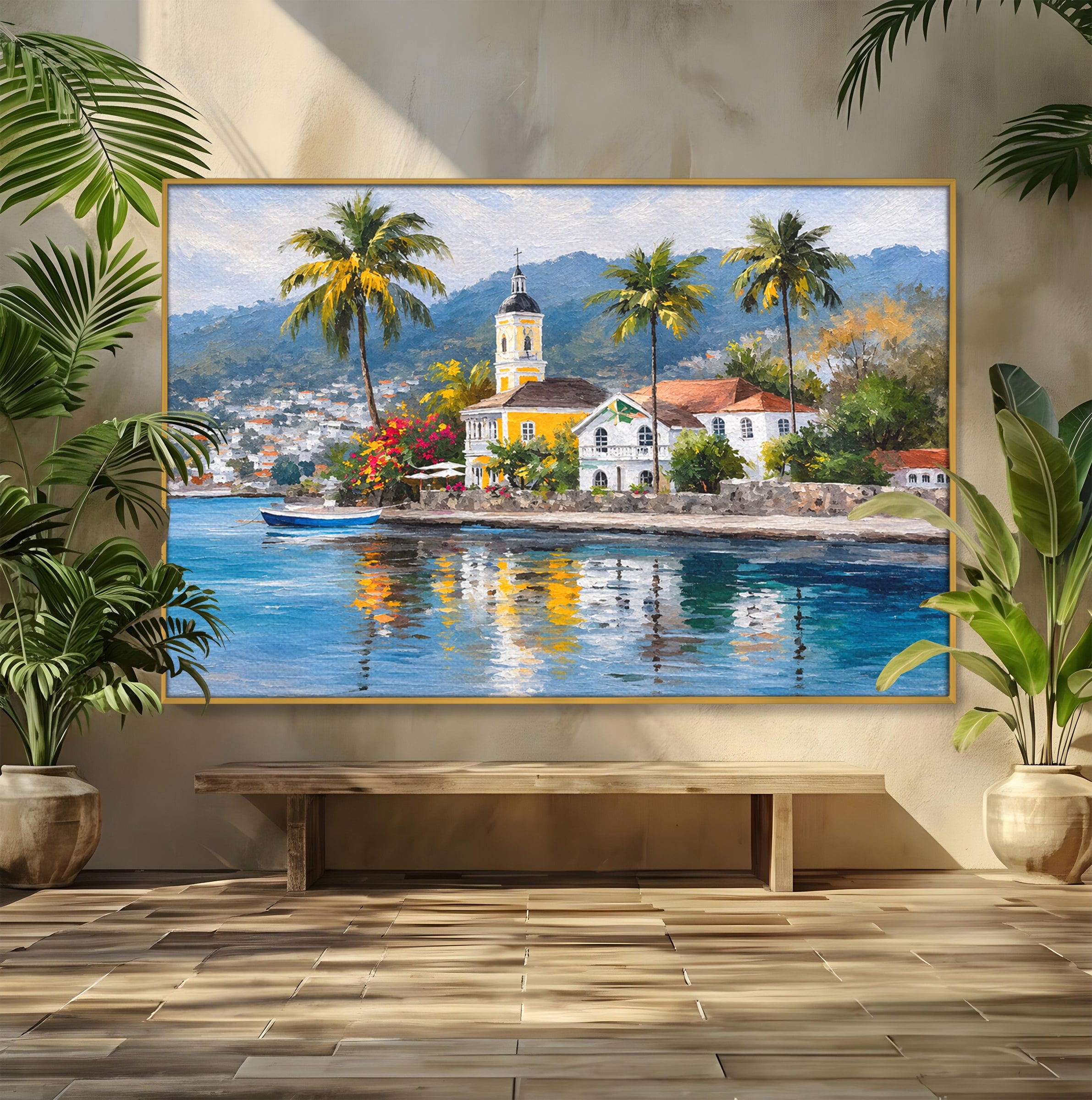 Tablou Canvas Premium LuxCanva® O1064, Biserica Tropicala, Biserica, Peisaj, Tropical, Mare, Vacanta, Living, Culori Vibrante