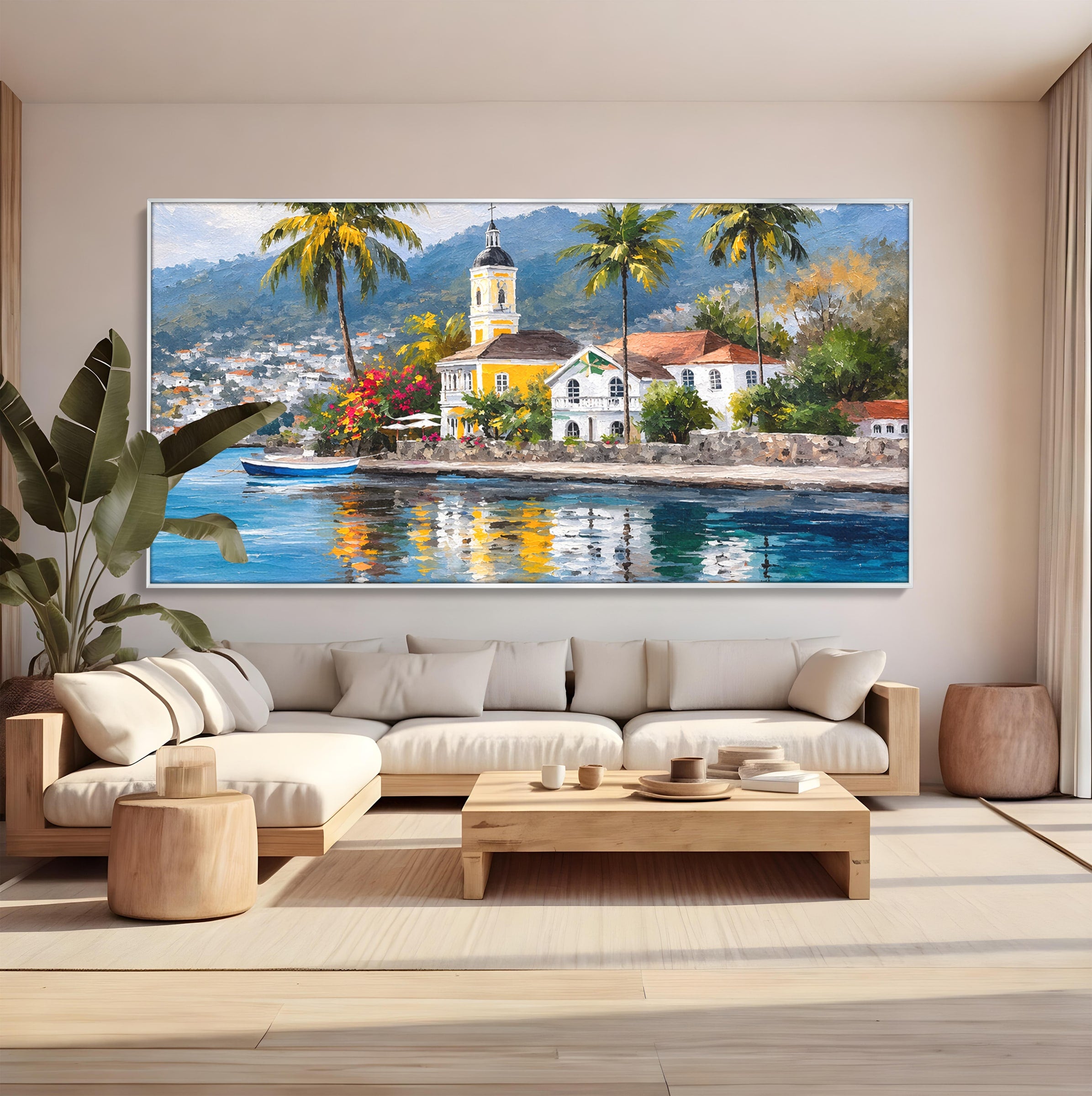Tablou Canvas Premium LuxCanva® O1064, Biserica Tropicala, Biserica, Peisaj, Tropical, Mare, Vacanta, Living, Culori Vibrante