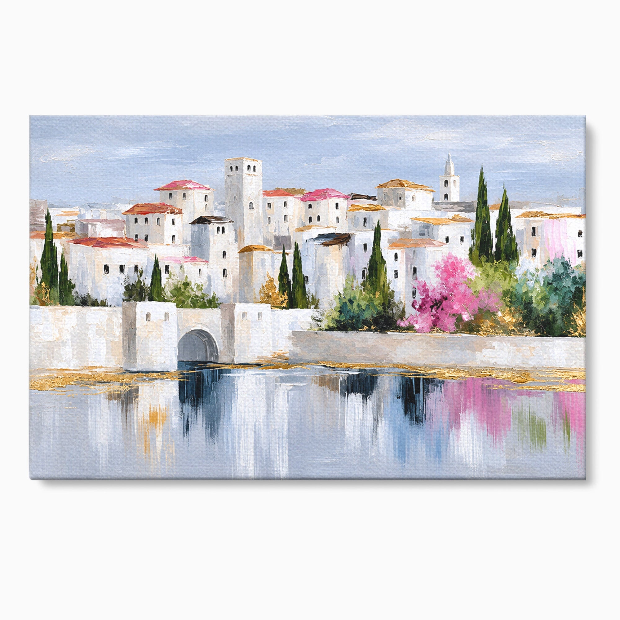 Tablou Canvas Premium LuxCanva® O1065, Oras Mediteranean Pe Malul Ape, Oras, Peisaj, Mediterranean, Rafinat, Living, Culori Vibrante