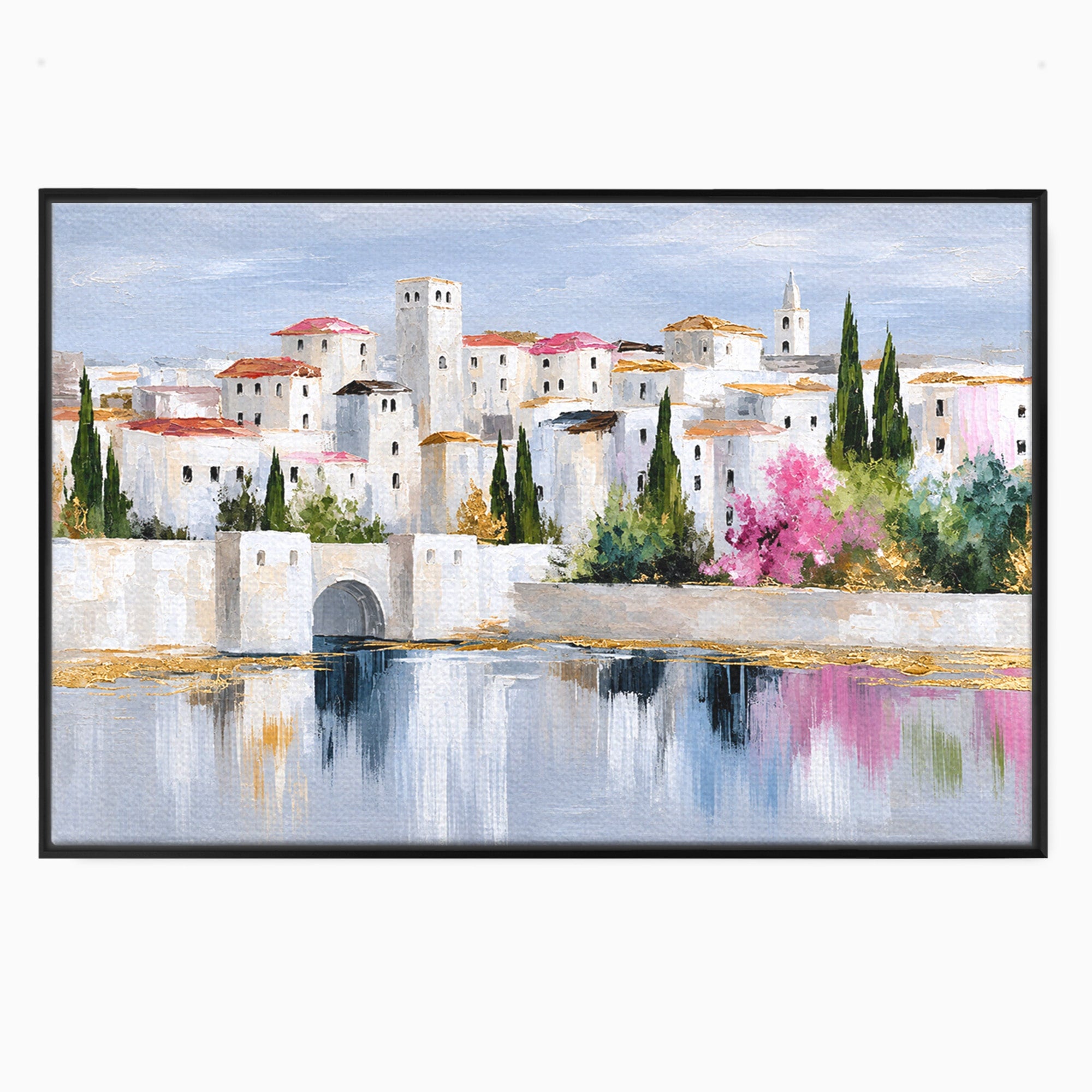 Tablou Canvas Premium LuxCanva® O1065, Oras Mediteranean Pe Malul Ape, Oras, Peisaj, Mediterranean, Rafinat, Living, Culori Vibrante