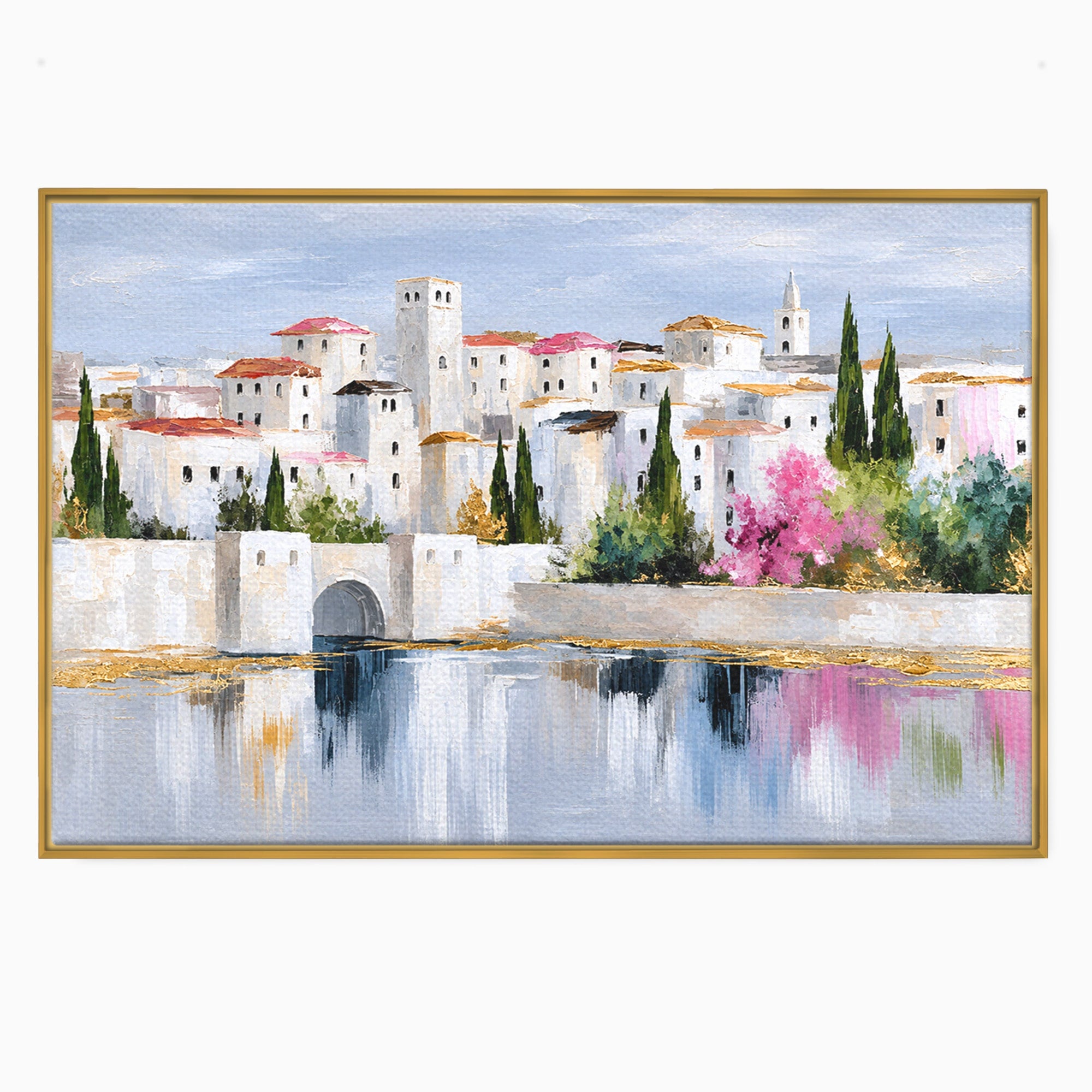Tablou Canvas Premium LuxCanva® O1065, Oras Mediteranean Pe Malul Ape, Oras, Peisaj, Mediterranean, Rafinat, Living, Culori Vibrante