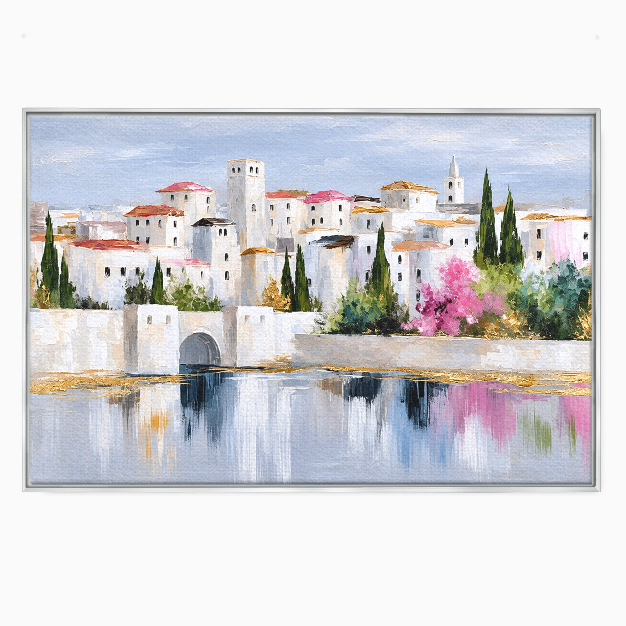 Tablou Canvas Premium LuxCanva® O1065, Oras Mediteranean Pe Malul Ape, Oras, Peisaj, Mediterranean, Rafinat, Living, Culori Vibrante