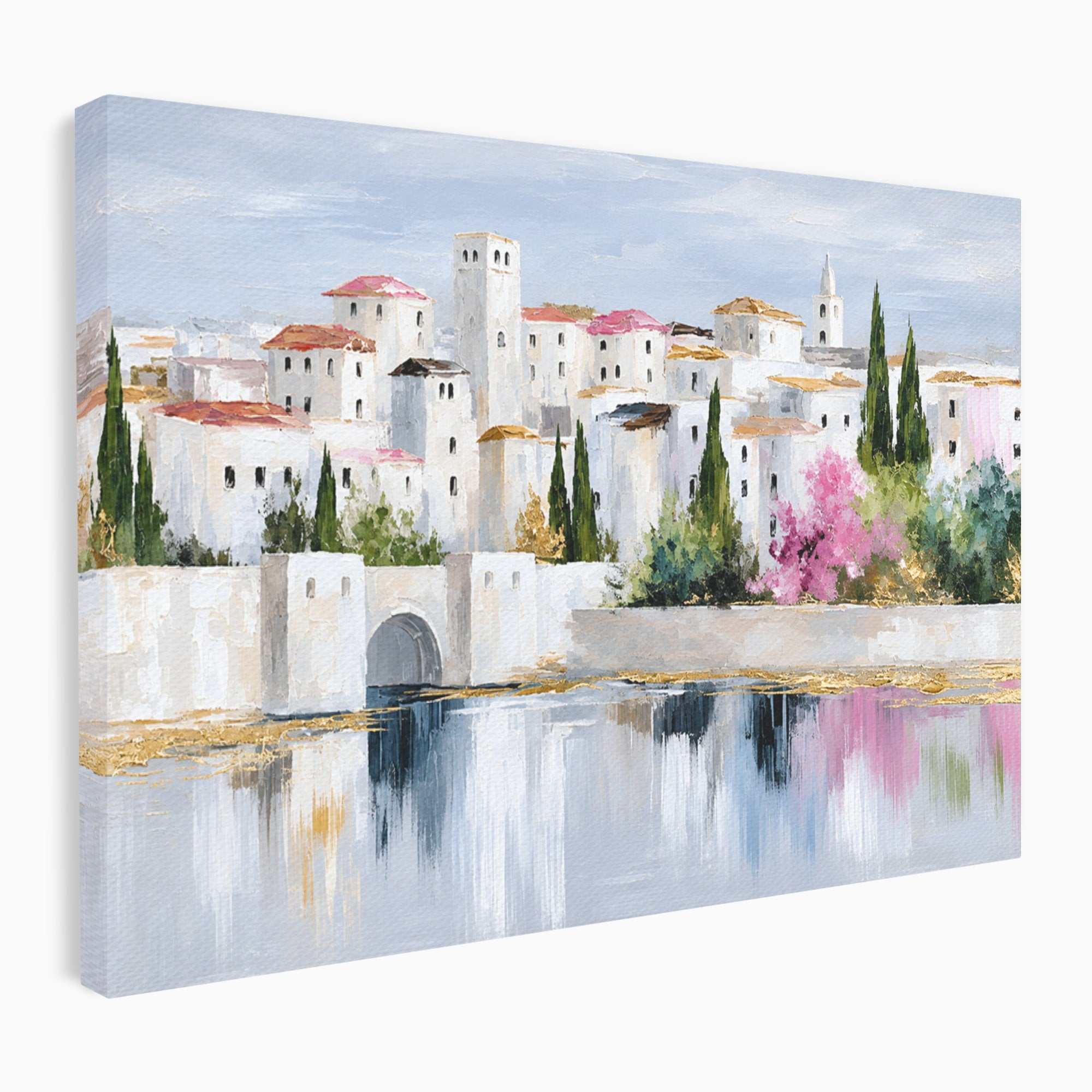 Tablou Canvas Premium LuxCanva® O1065, Oras Mediteranean Pe Malul Ape, Oras, Peisaj, Mediterranean, Rafinat, Living, Culori Vibrante