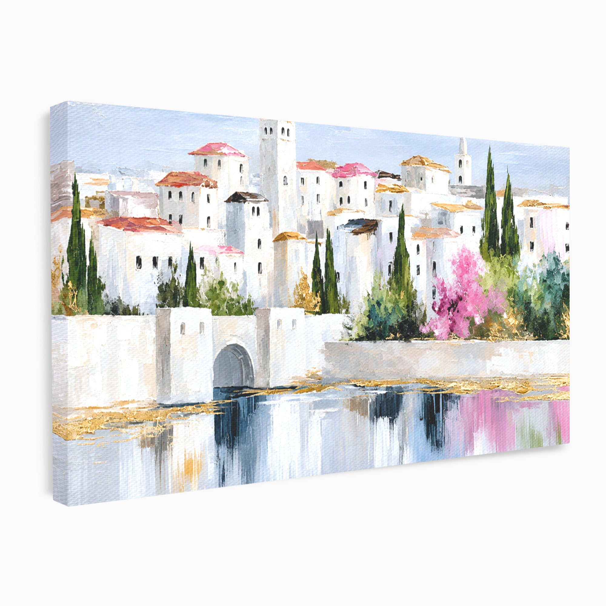 Tablou Canvas Premium LuxCanva® O1065, Oras Mediteranean Pe Malul Ape, Oras, Peisaj, Mediterranean, Rafinat, Living, Culori Vibrante