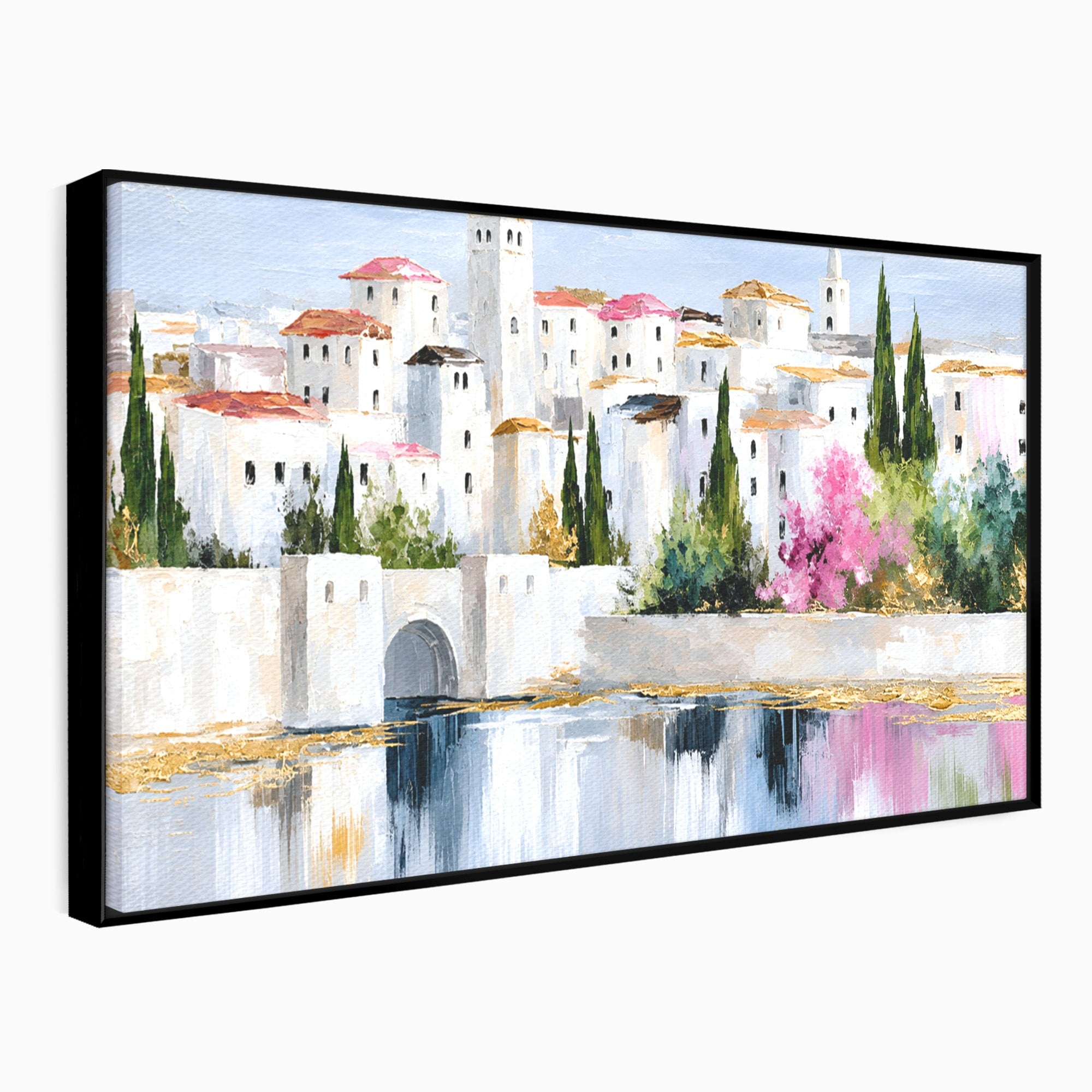 Tablou Canvas Premium LuxCanva® O1065, Oras Mediteranean Pe Malul Ape, Oras, Peisaj, Mediterranean, Rafinat, Living, Culori Vibrante