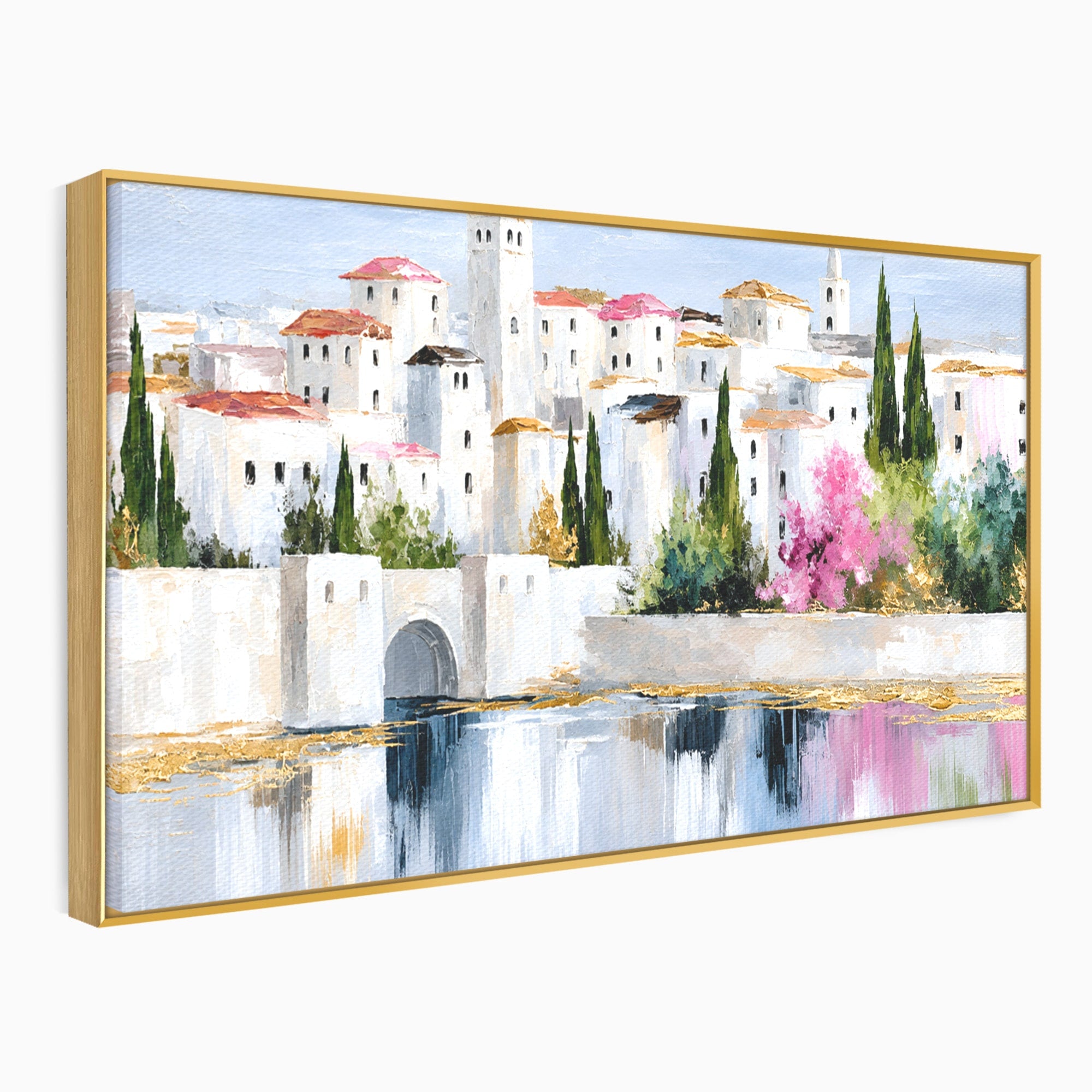 Tablou Canvas Premium LuxCanva® O1065, Oras Mediteranean Pe Malul Ape, Oras, Peisaj, Mediterranean, Rafinat, Living, Culori Vibrante