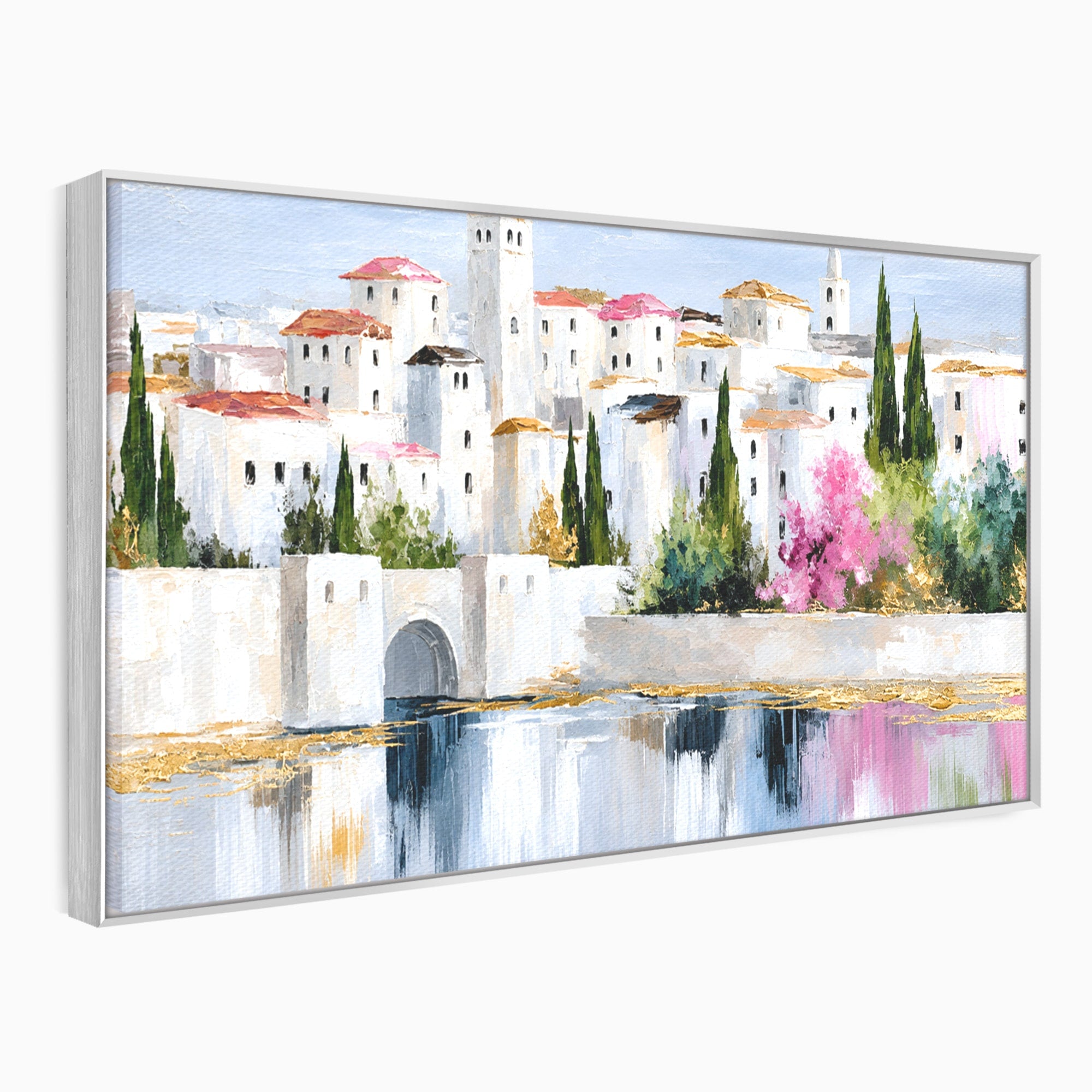 Tablou Canvas Premium LuxCanva® O1065, Oras Mediteranean Pe Malul Ape, Oras, Peisaj, Mediterranean, Rafinat, Living, Culori Vibrante