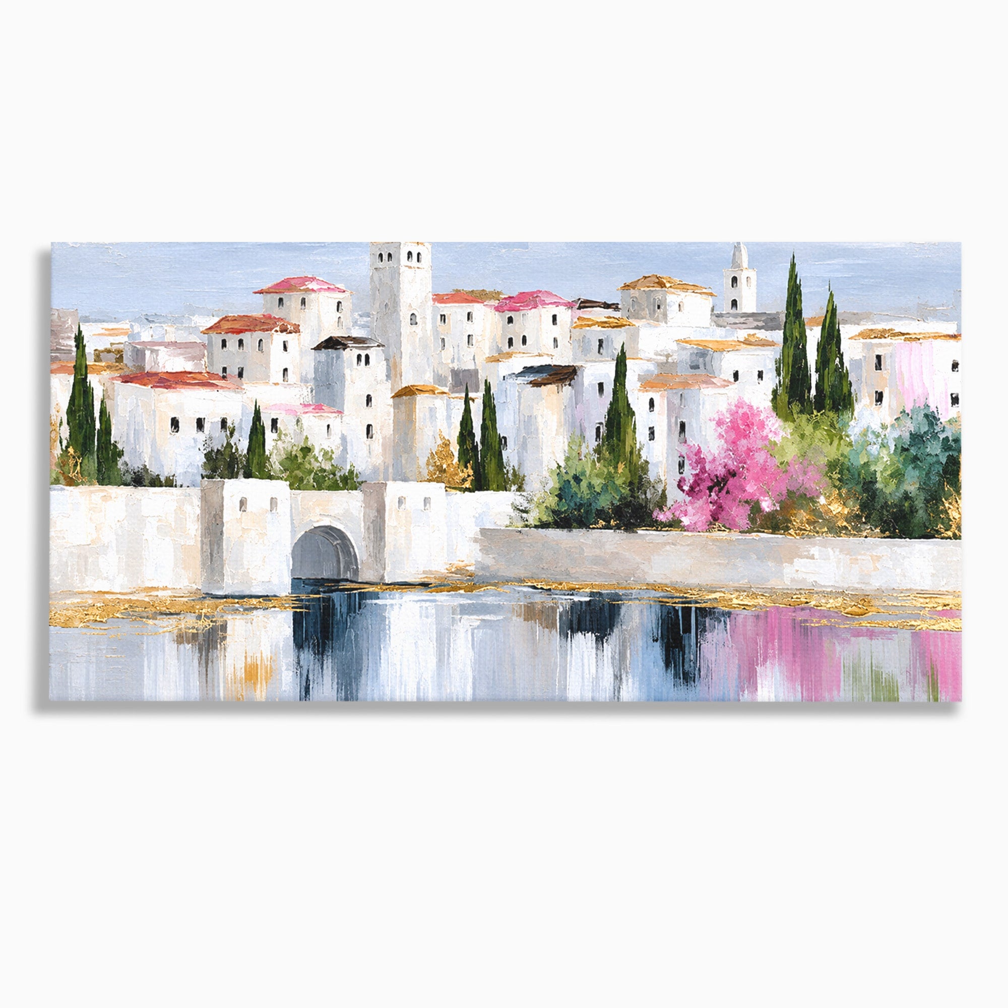 Tablou Canvas Premium LuxCanva® O1065, Oras Mediteranean Pe Malul Ape, Oras, Peisaj, Mediterranean, Rafinat, Living, Culori Vibrante
