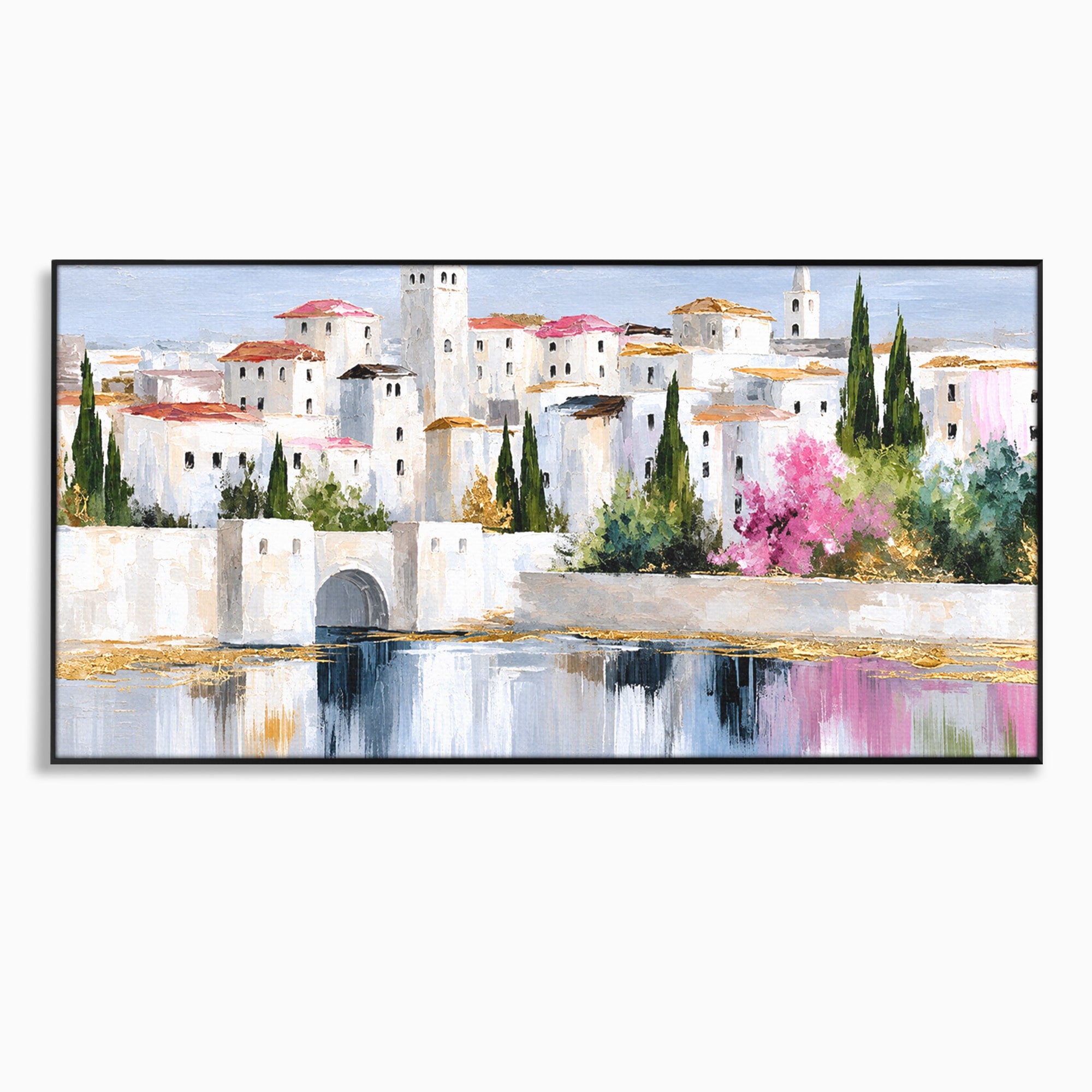 Tablou Canvas Premium LuxCanva® O1065, Oras Mediteranean Pe Malul Ape, Oras, Peisaj, Mediterranean, Rafinat, Living, Culori Vibrante