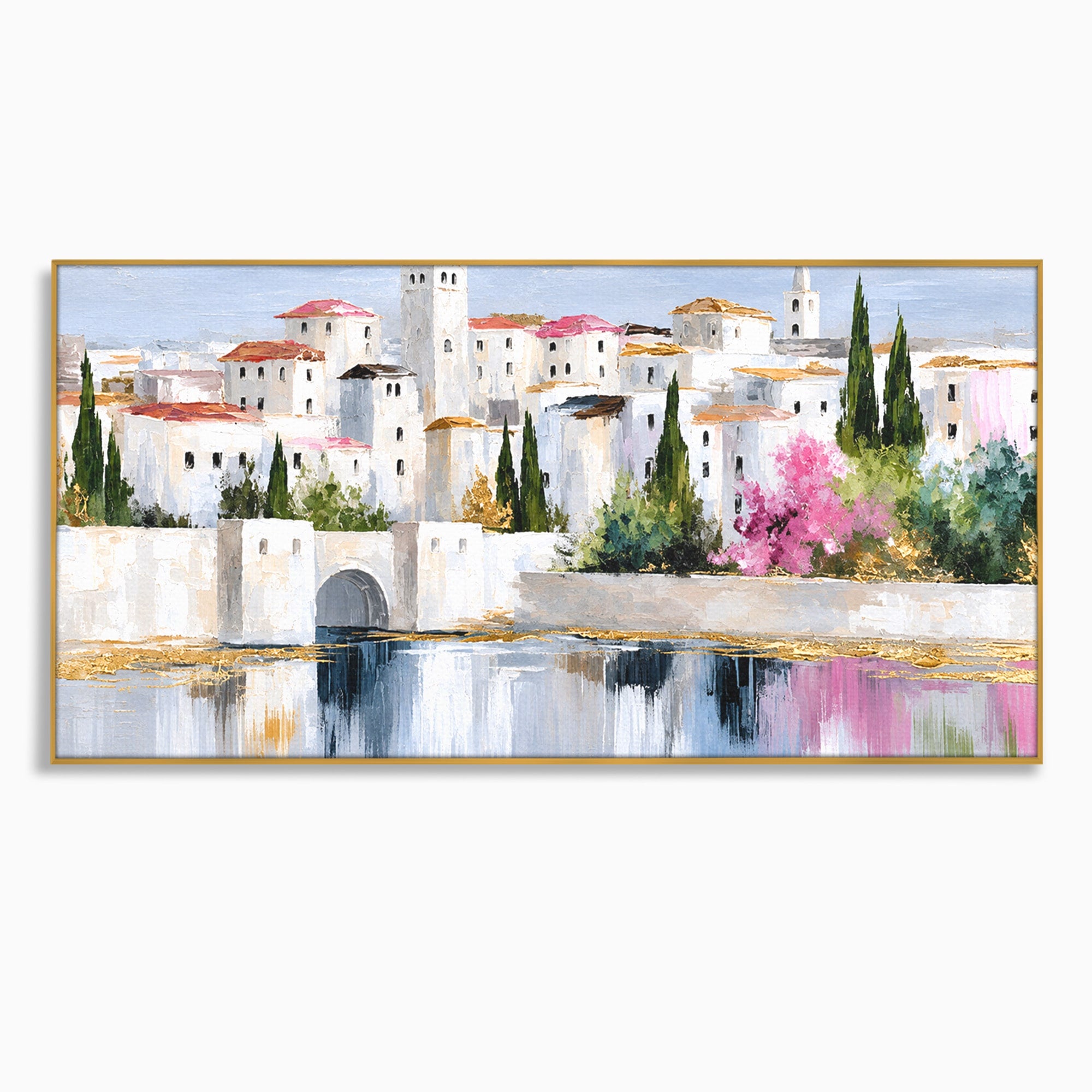 Tablou Canvas Premium LuxCanva® O1065, Oras Mediteranean Pe Malul Ape, Oras, Peisaj, Mediterranean, Rafinat, Living, Culori Vibrante