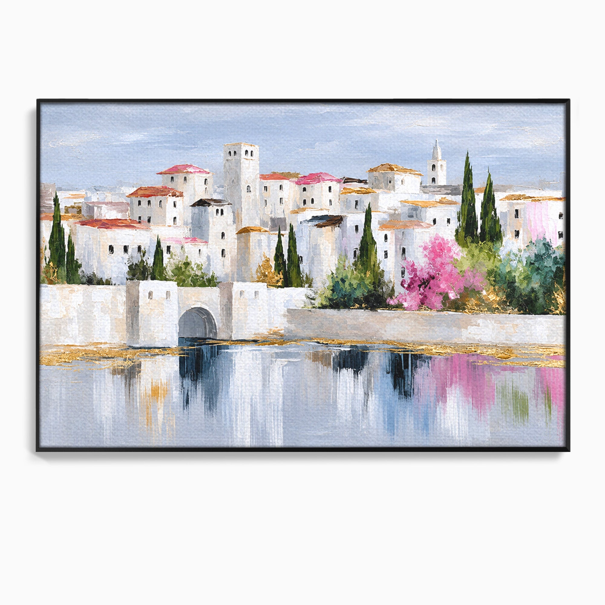 Tablou Canvas Premium LuxCanva® O1065, Oras Mediteranean Pe Malul Ape, Oras, Peisaj, Mediterranean, Rafinat, Living, Culori Vibrante