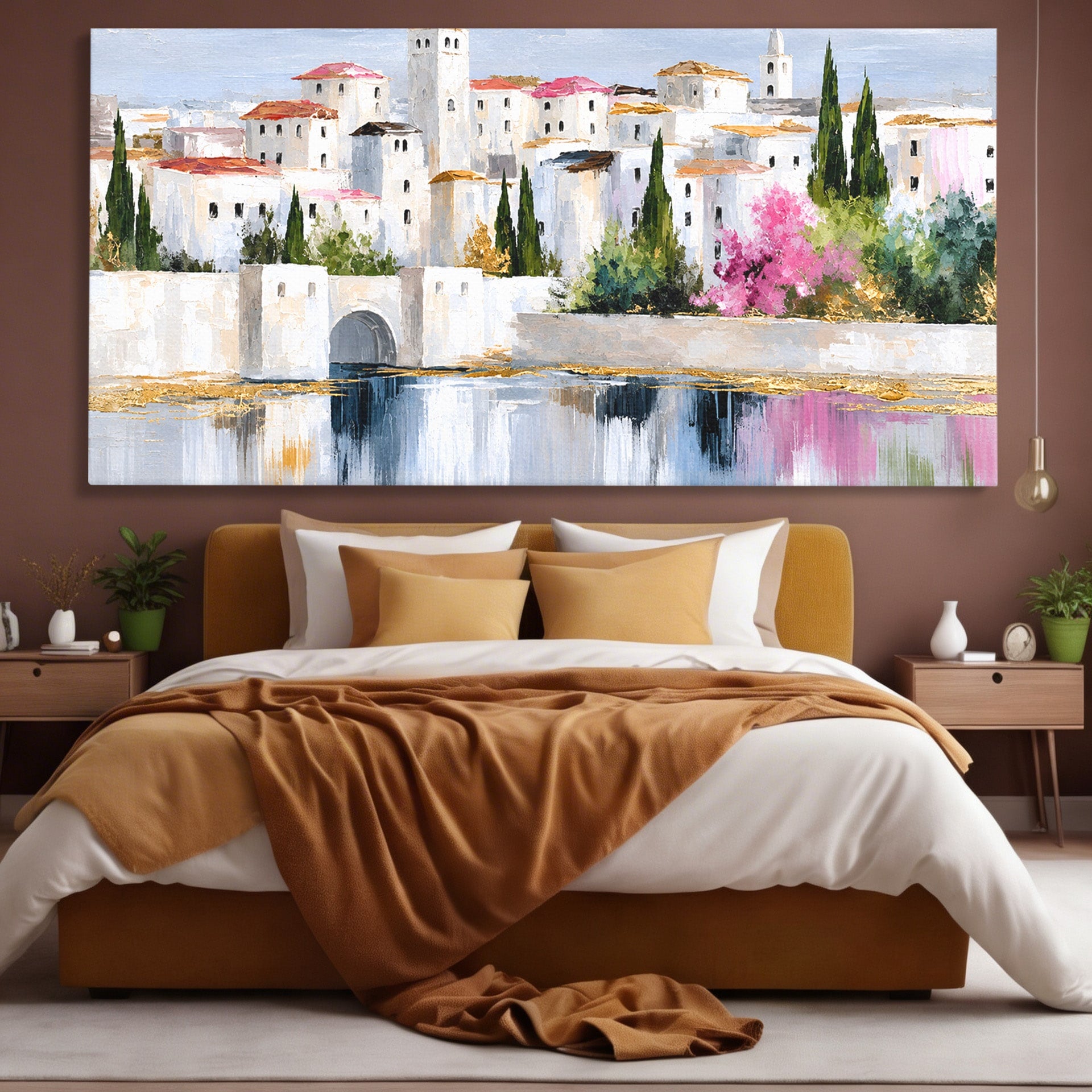 Tablou Canvas Premium LuxCanva® O1065, Oras Mediteranean Pe Malul Ape, Oras, Peisaj, Mediterranean, Rafinat, Living, Culori Vibrante
