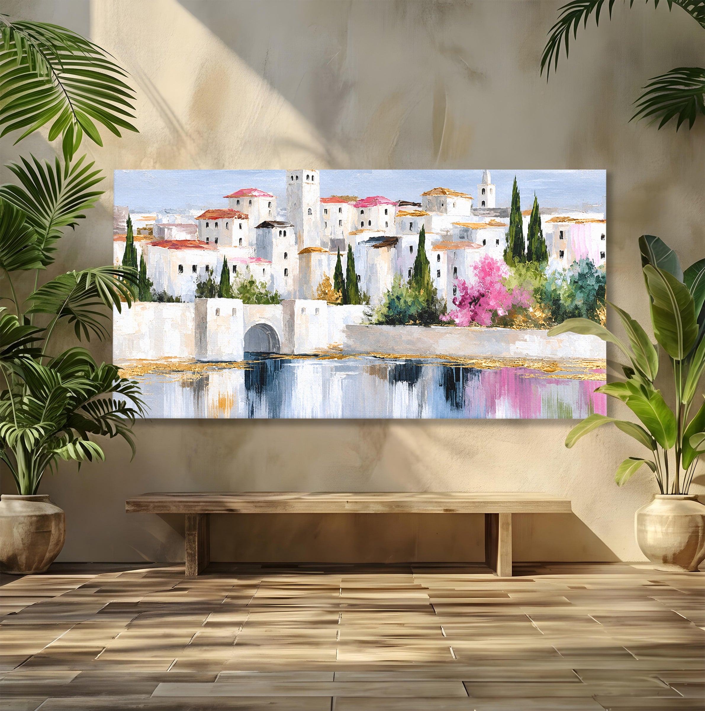 Tablou Canvas Premium LuxCanva® O1065, Oras Mediteranean Pe Malul Ape, Oras, Peisaj, Mediterranean, Rafinat, Living, Culori Vibrante