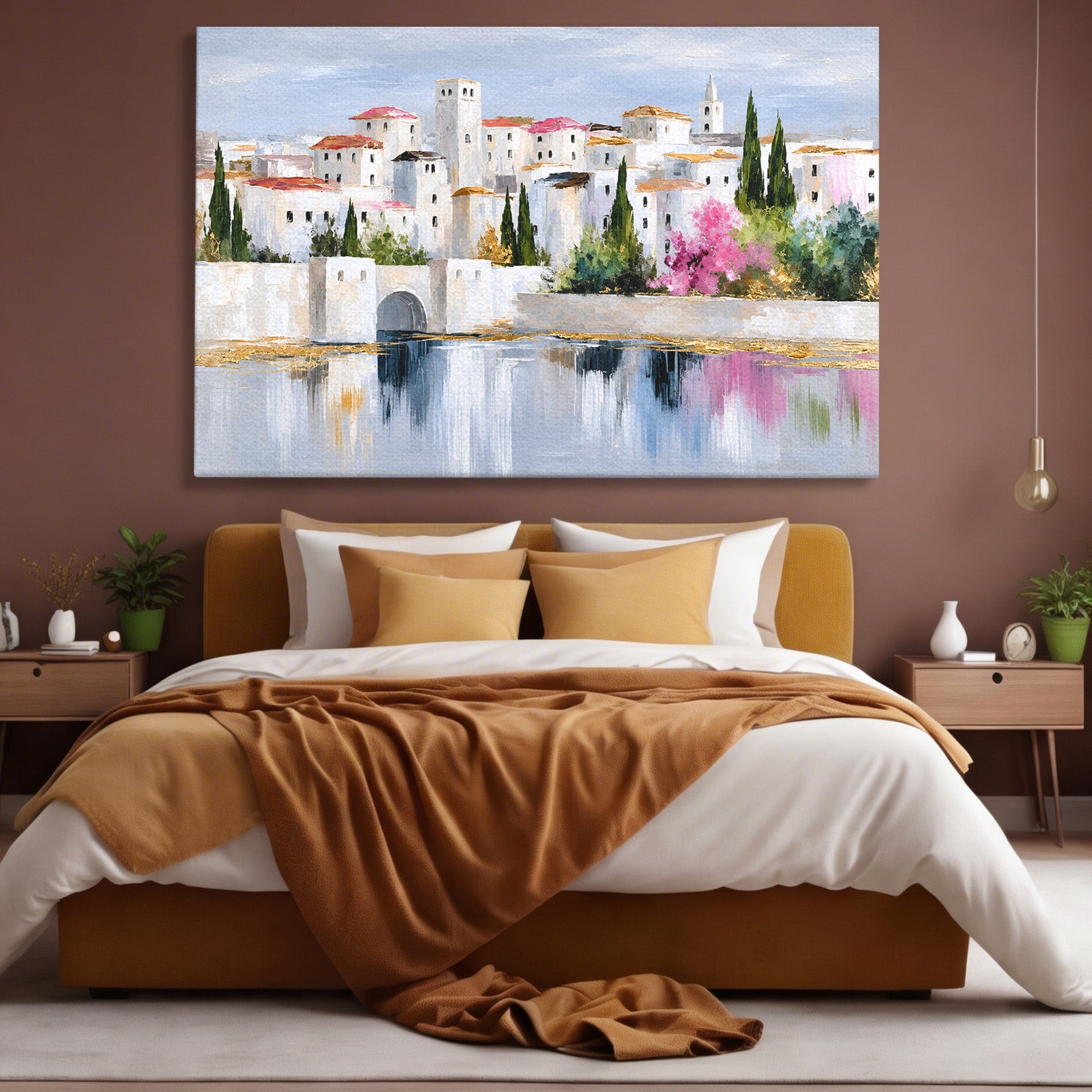 Tablou Canvas Premium LuxCanva® O1065, Oras Mediteranean Pe Malul Ape, Oras, Peisaj, Mediterranean, Rafinat, Living, Culori Vibrante