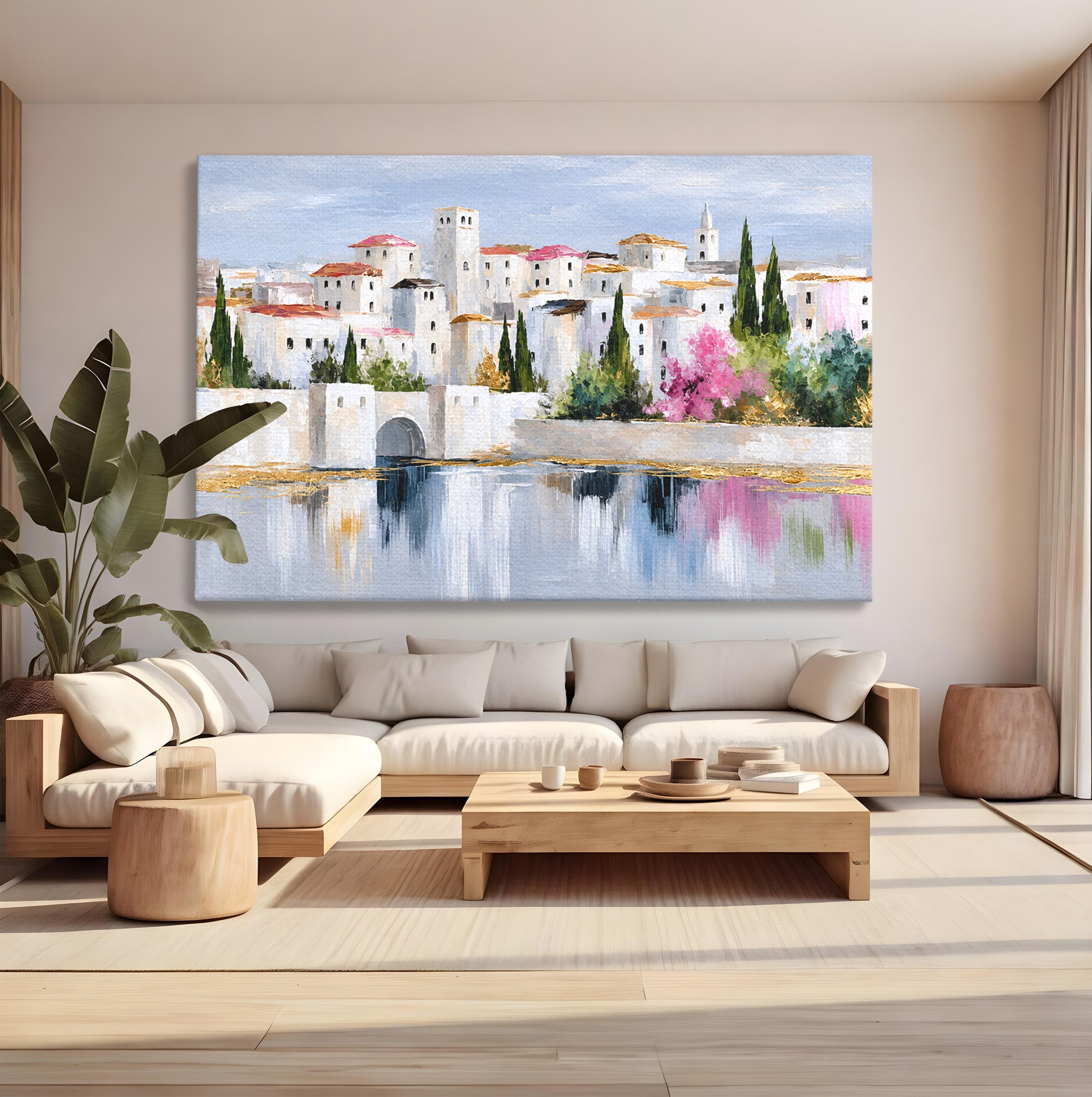 Tablou Canvas Premium LuxCanva® O1065, Oras Mediteranean Pe Malul Ape, Oras, Peisaj, Mediterranean, Rafinat, Living, Culori Vibrante