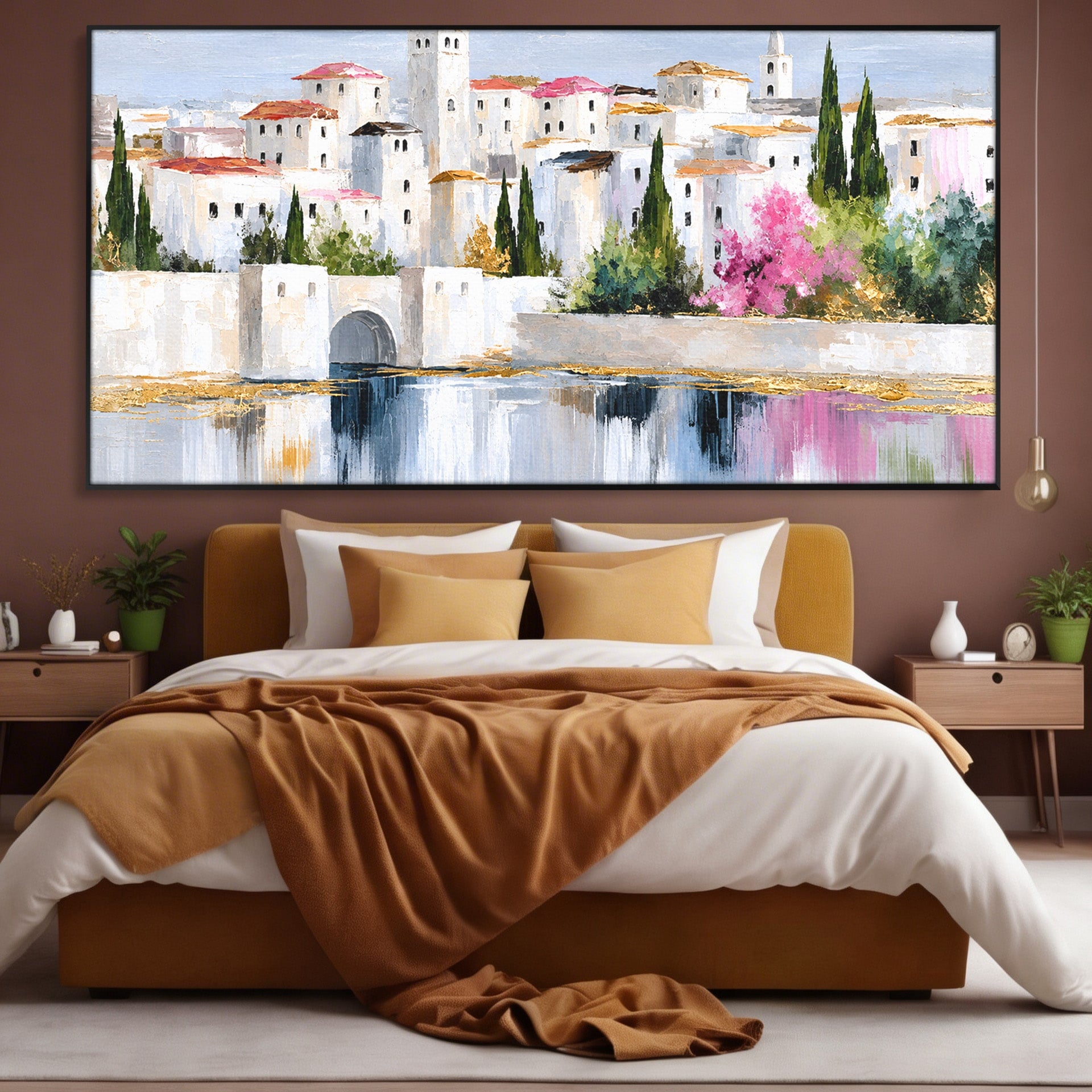 Tablou Canvas Premium LuxCanva® O1065, Oras Mediteranean Pe Malul Ape, Oras, Peisaj, Mediterranean, Rafinat, Living, Culori Vibrante