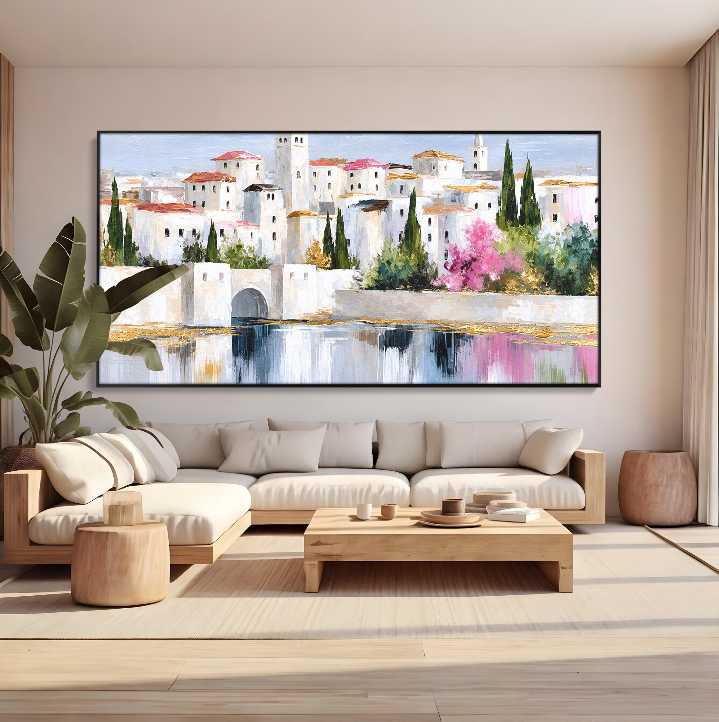 Tablou Canvas Premium LuxCanva® O1065, Oras Mediteranean Pe Malul Ape, Oras, Peisaj, Mediterranean, Rafinat, Living, Culori Vibrante