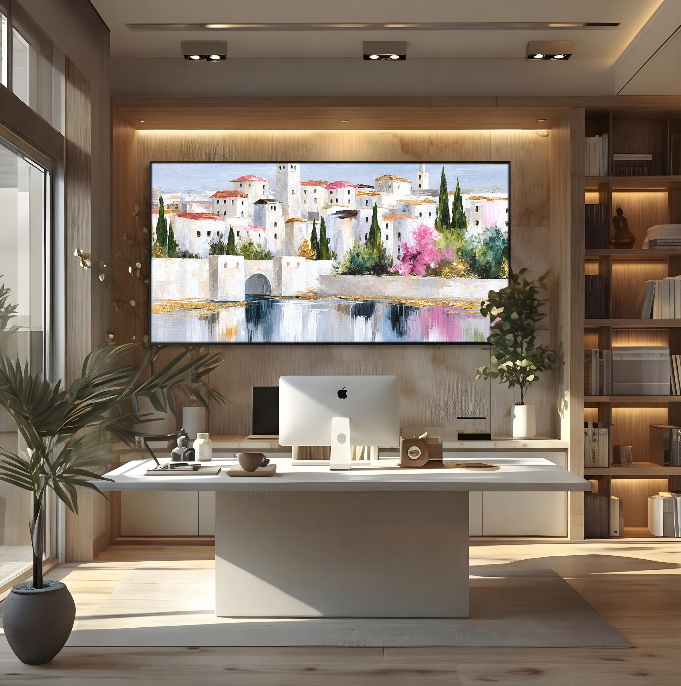 Tablou Canvas Premium LuxCanva® O1065, Oras Mediteranean Pe Malul Ape, Oras, Peisaj, Mediterranean, Rafinat, Living, Culori Vibrante