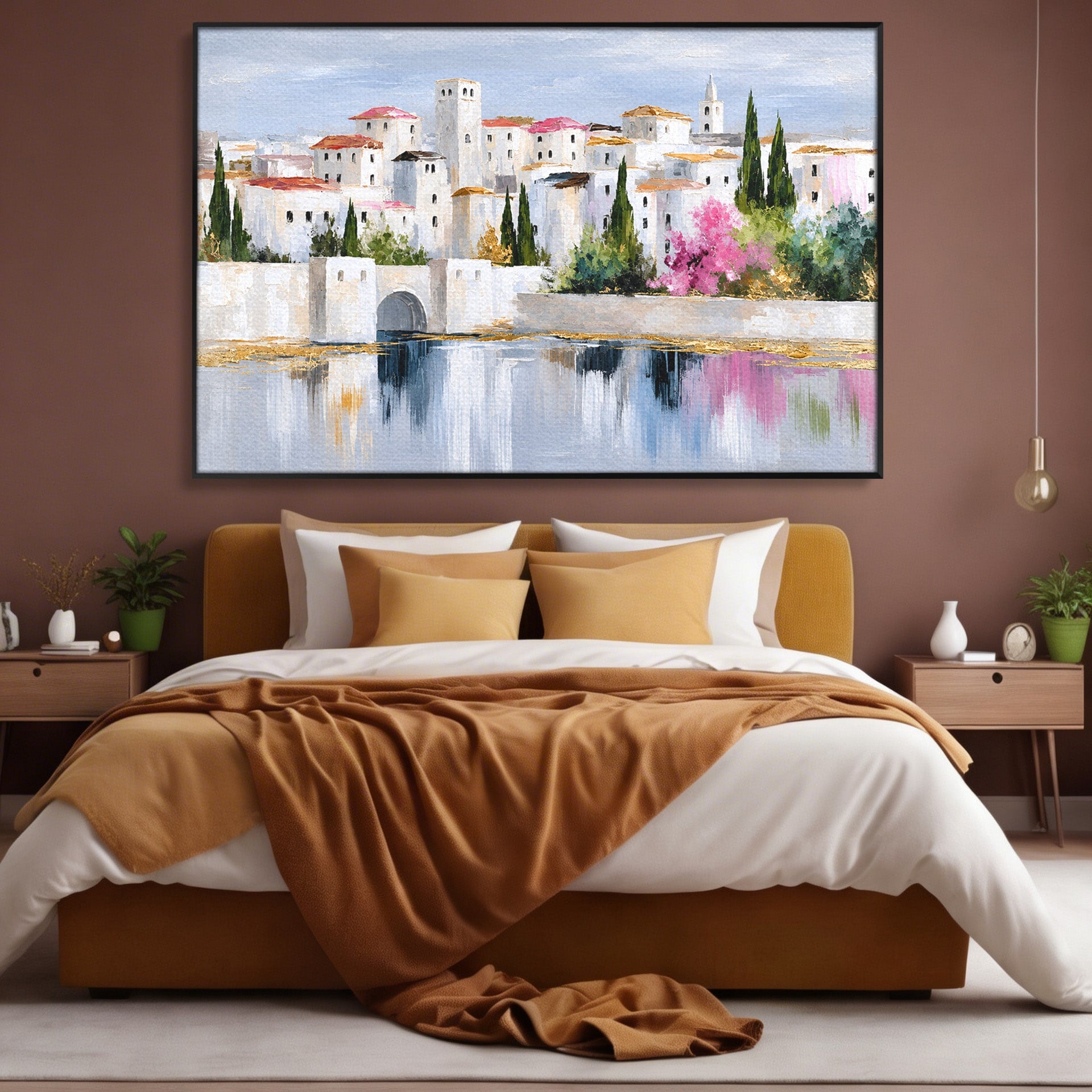 Tablou Canvas Premium LuxCanva® O1065, Oras Mediteranean Pe Malul Ape, Oras, Peisaj, Mediterranean, Rafinat, Living, Culori Vibrante