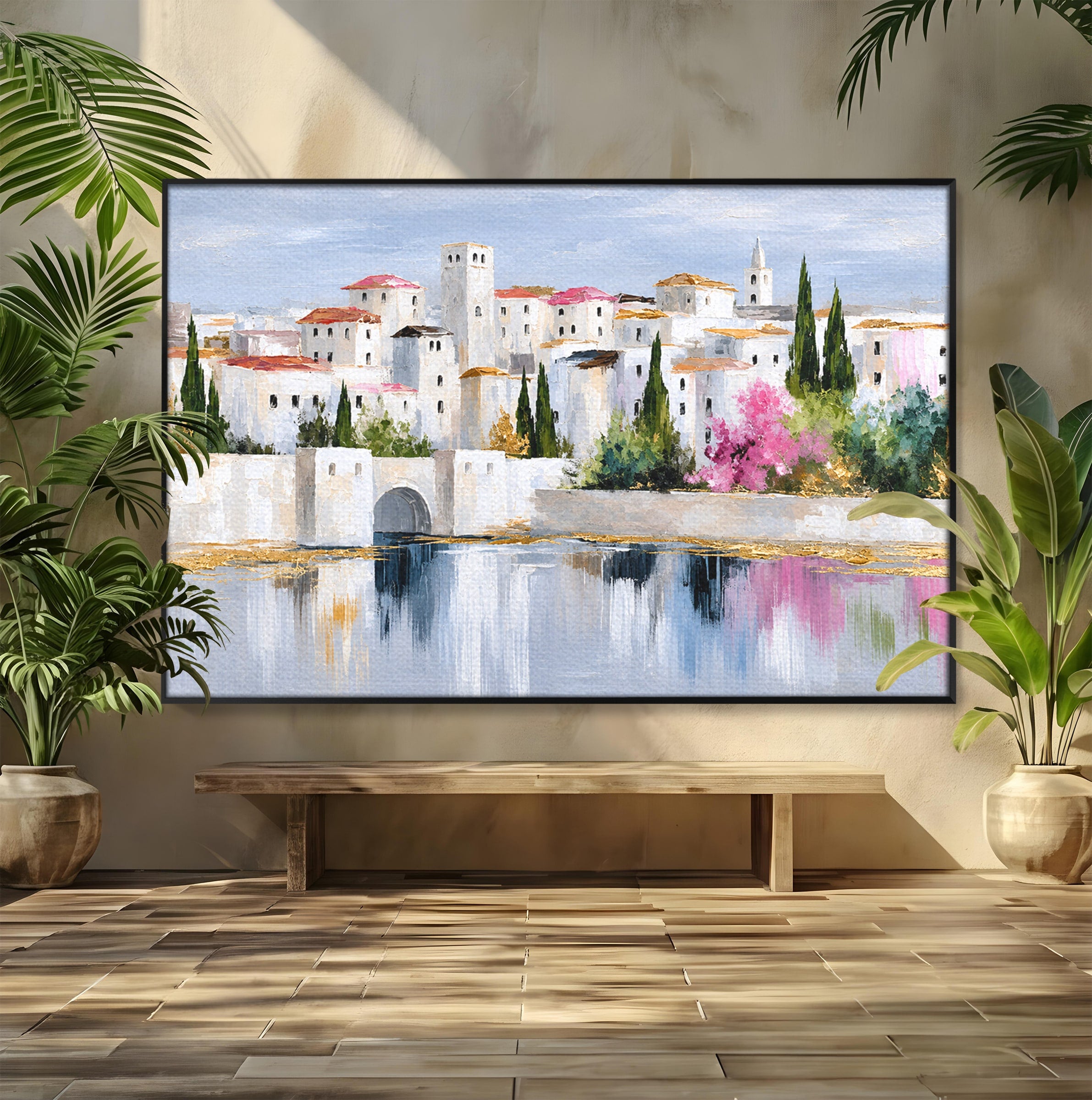 Tablou Canvas Premium LuxCanva® O1065, Oras Mediteranean Pe Malul Ape, Oras, Peisaj, Mediterranean, Rafinat, Living, Culori Vibrante