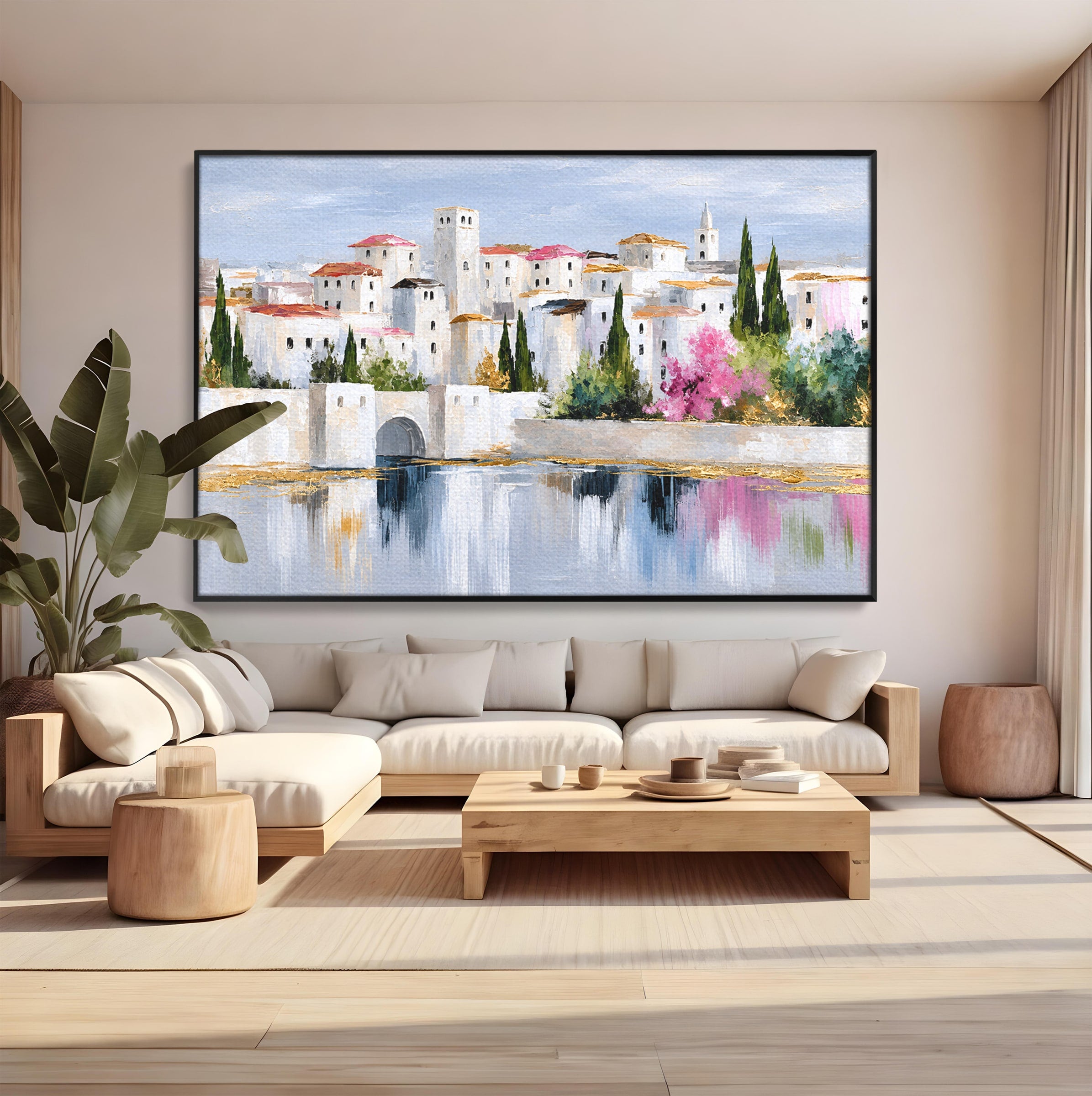 Tablou Canvas Premium LuxCanva® O1065, Oras Mediteranean Pe Malul Ape, Oras, Peisaj, Mediterranean, Rafinat, Living, Culori Vibrante