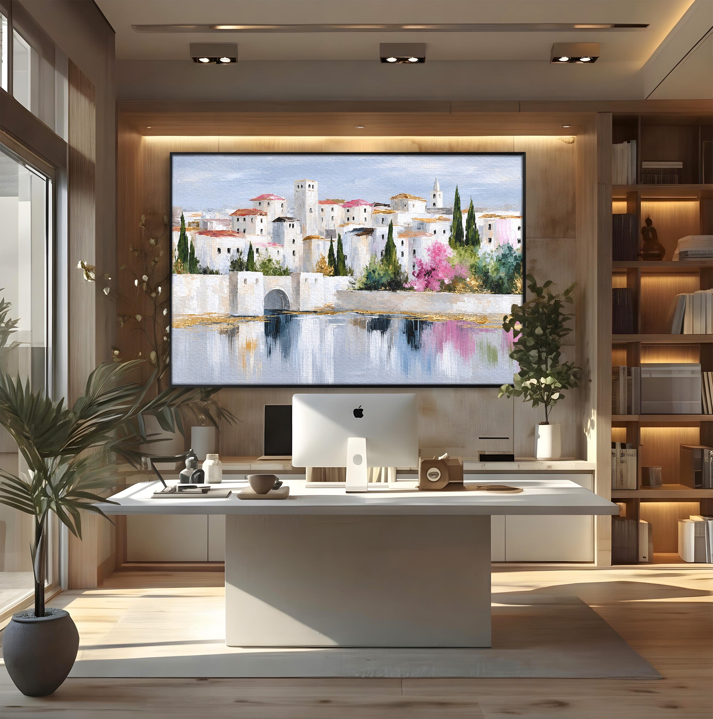 Tablou Canvas Premium LuxCanva® O1065, Oras Mediteranean Pe Malul Ape, Oras, Peisaj, Mediterranean, Rafinat, Living, Culori Vibrante