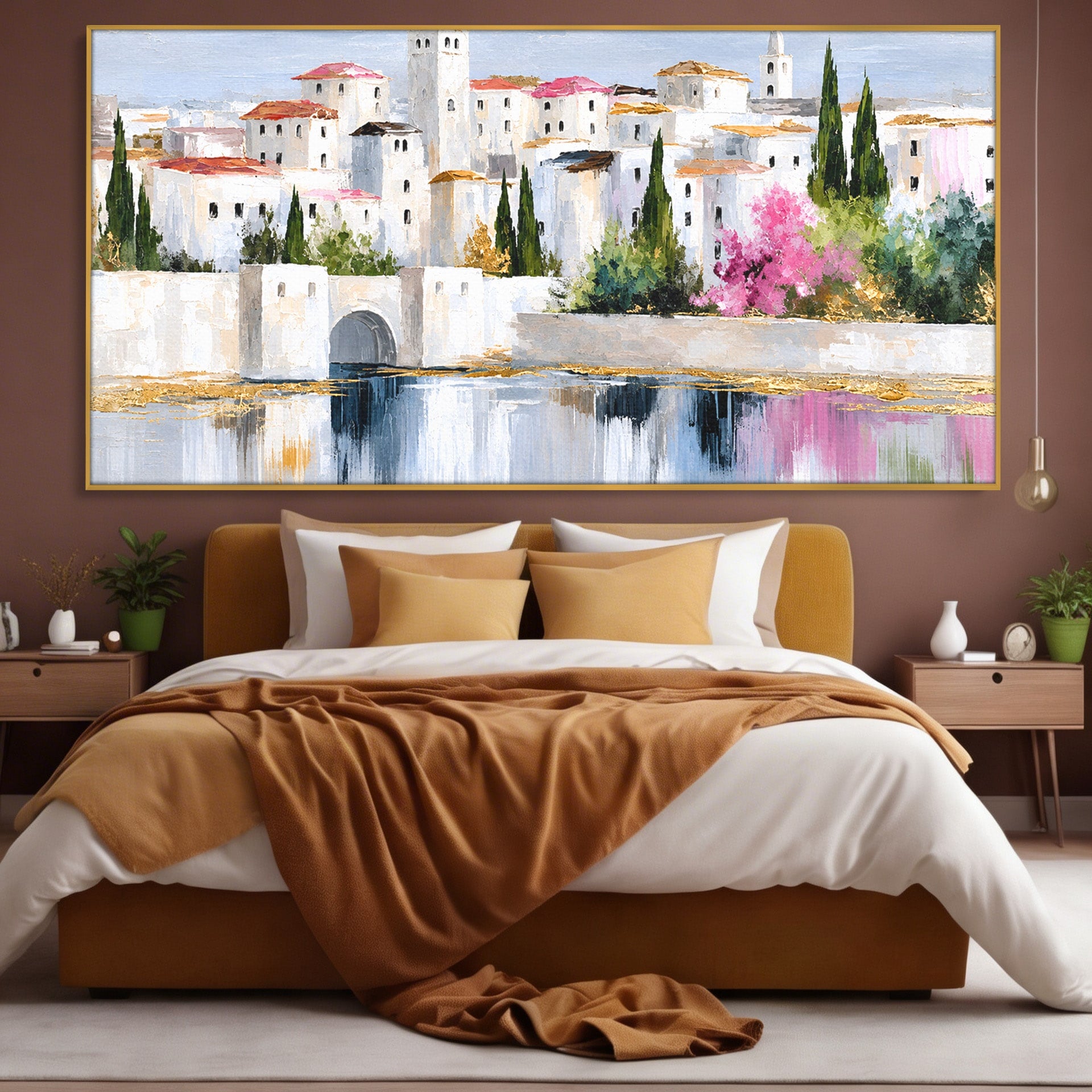 Tablou Canvas Premium LuxCanva® O1065, Oras Mediteranean Pe Malul Ape, Oras, Peisaj, Mediterranean, Rafinat, Living, Culori Vibrante