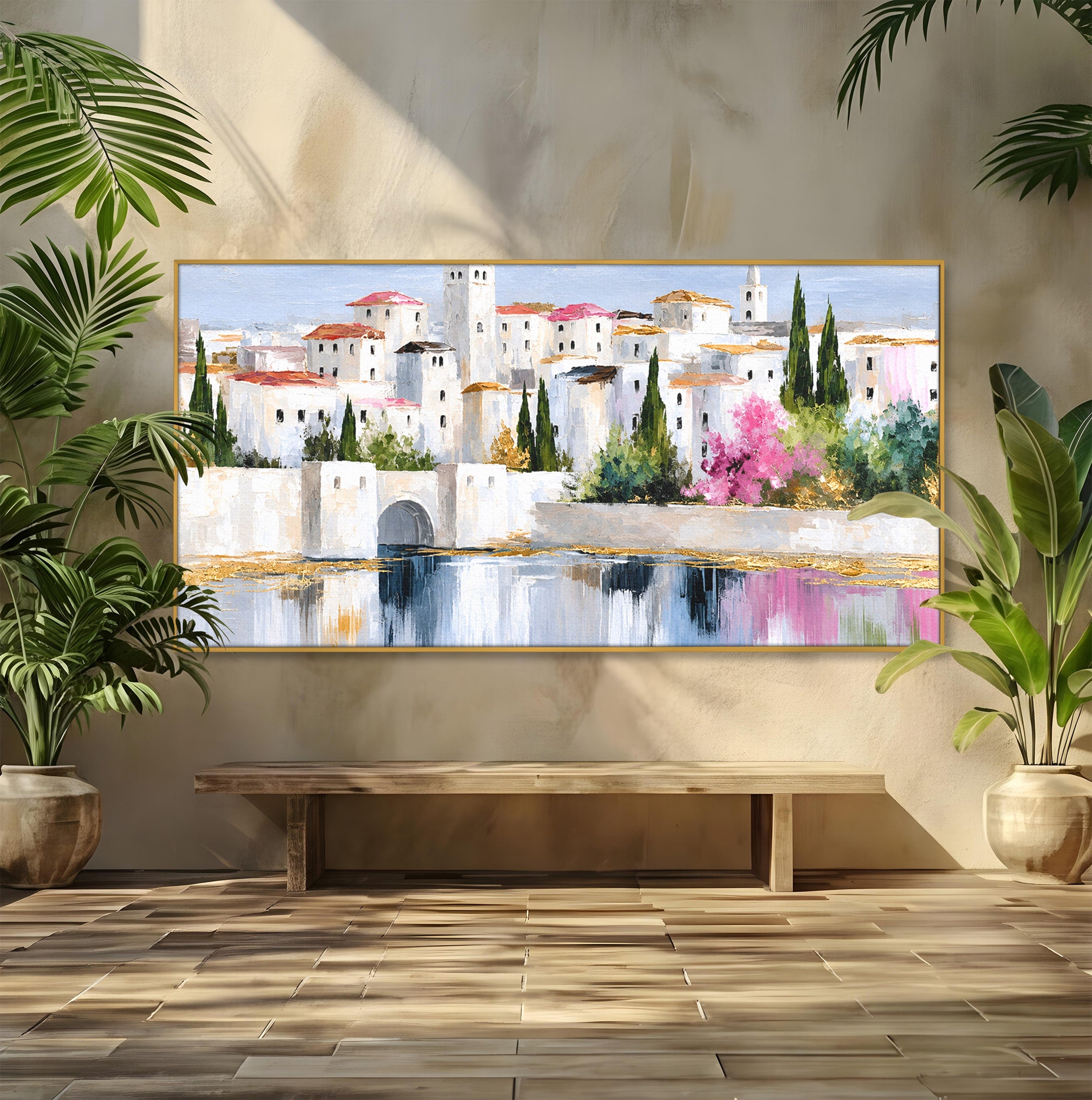 Tablou Canvas Premium LuxCanva® O1065, Oras Mediteranean Pe Malul Ape, Oras, Peisaj, Mediterranean, Rafinat, Living, Culori Vibrante