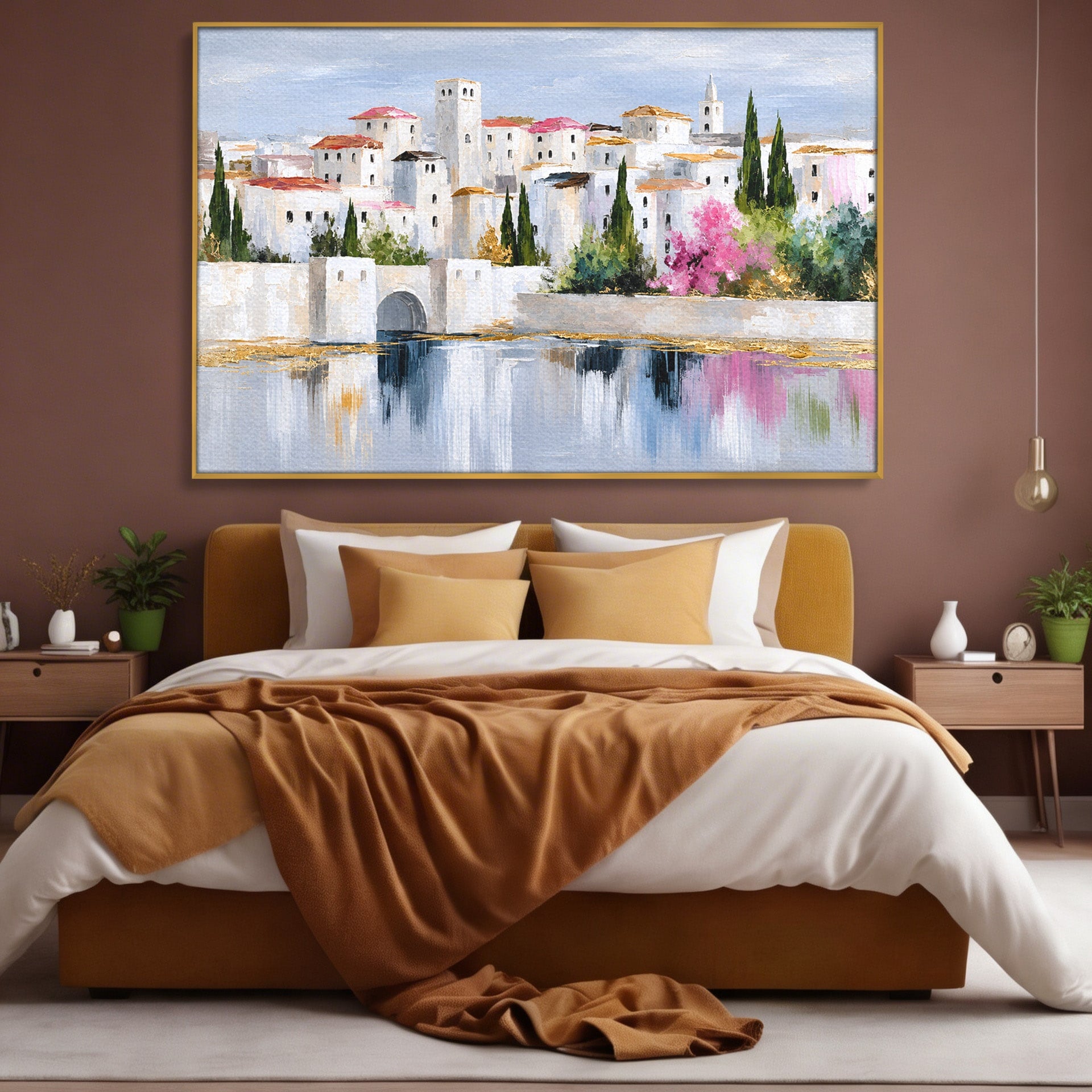 Tablou Canvas Premium LuxCanva® O1065, Oras Mediteranean Pe Malul Ape, Oras, Peisaj, Mediterranean, Rafinat, Living, Culori Vibrante