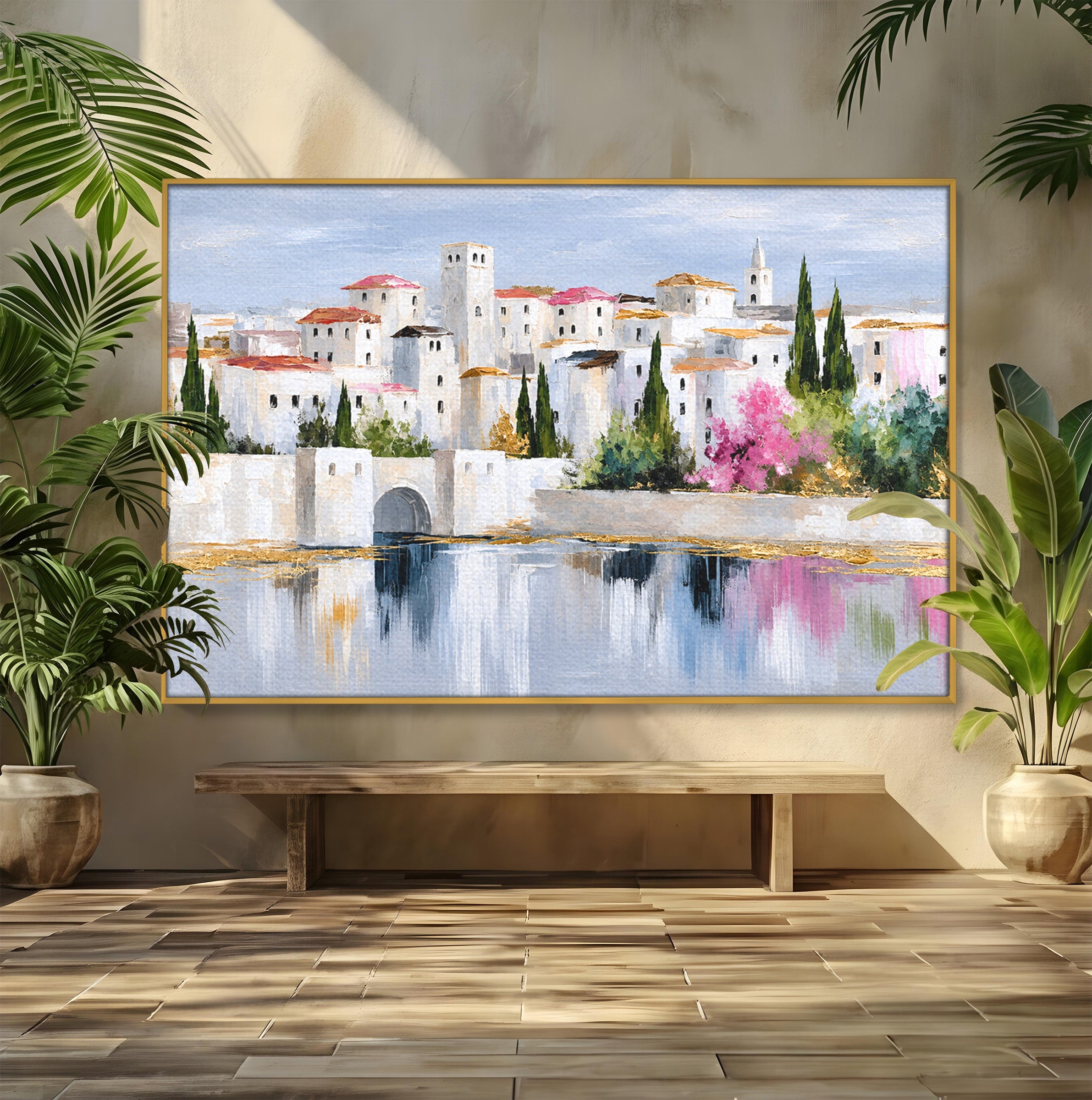 Tablou Canvas Premium LuxCanva® O1065, Oras Mediteranean Pe Malul Ape, Oras, Peisaj, Mediterranean, Rafinat, Living, Culori Vibrante
