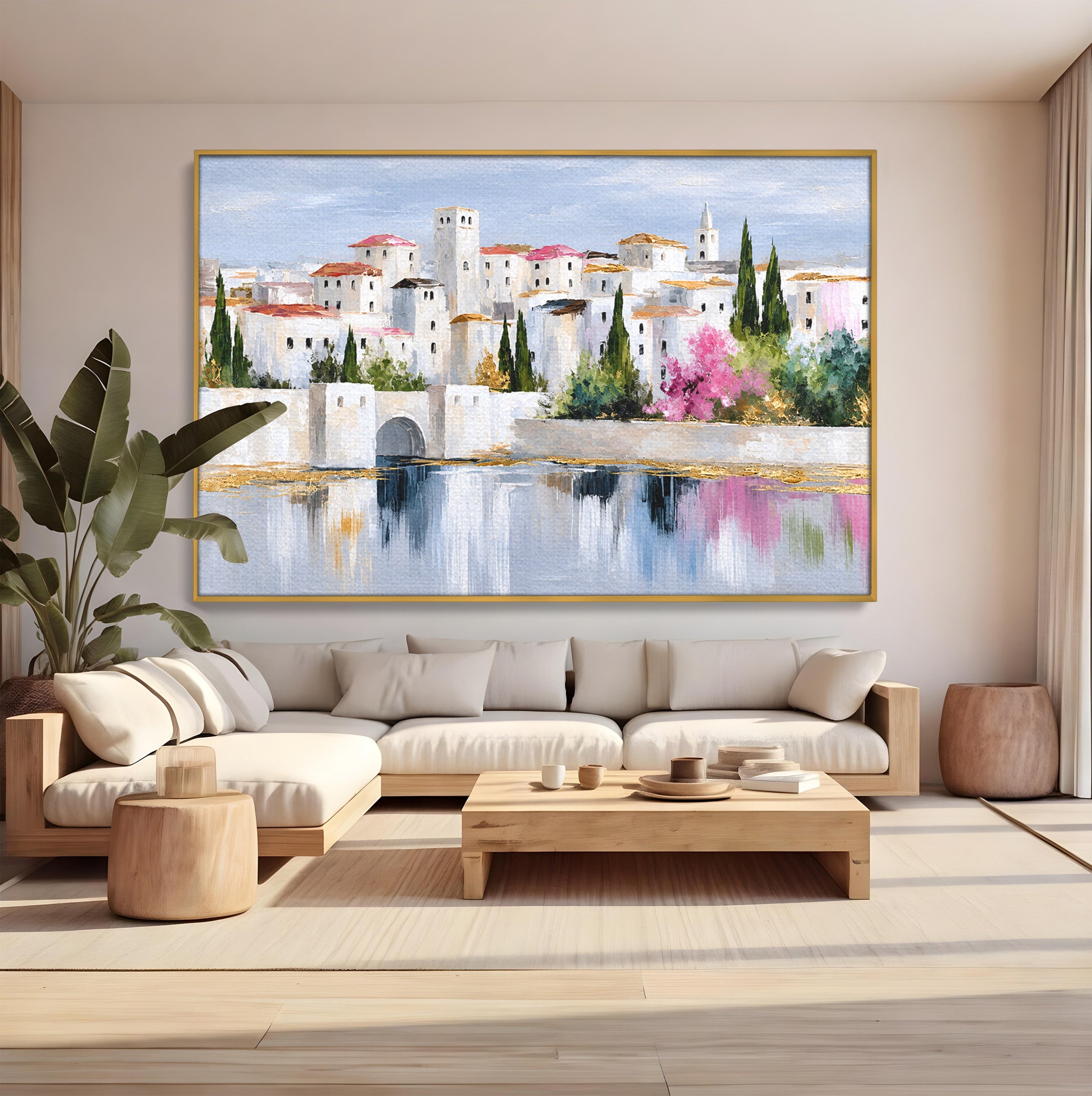Tablou Canvas Premium LuxCanva® O1065, Oras Mediteranean Pe Malul Ape, Oras, Peisaj, Mediterranean, Rafinat, Living, Culori Vibrante