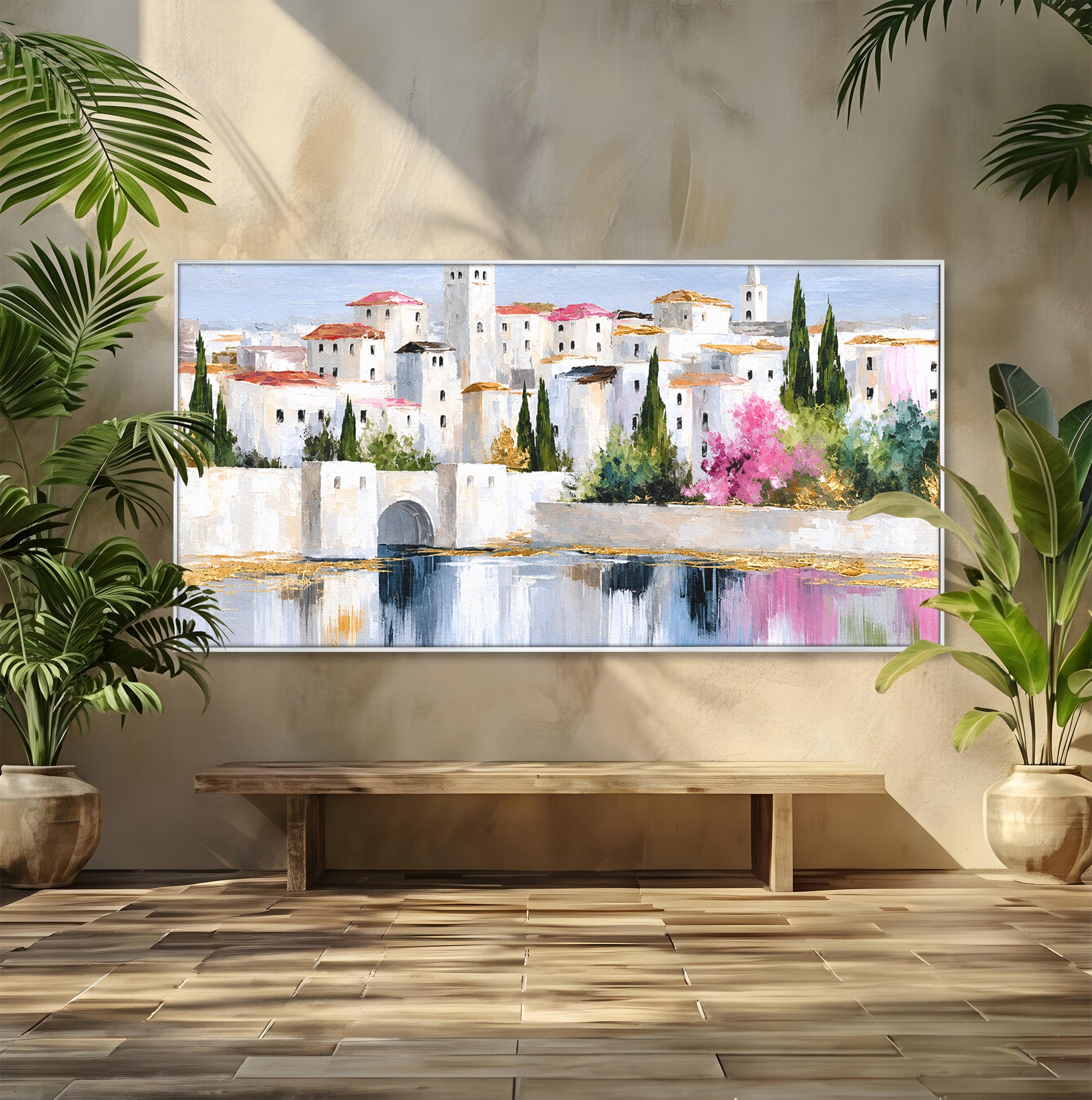 Tablou Canvas Premium LuxCanva® O1065, Oras Mediteranean Pe Malul Ape, Oras, Peisaj, Mediterranean, Rafinat, Living, Culori Vibrante