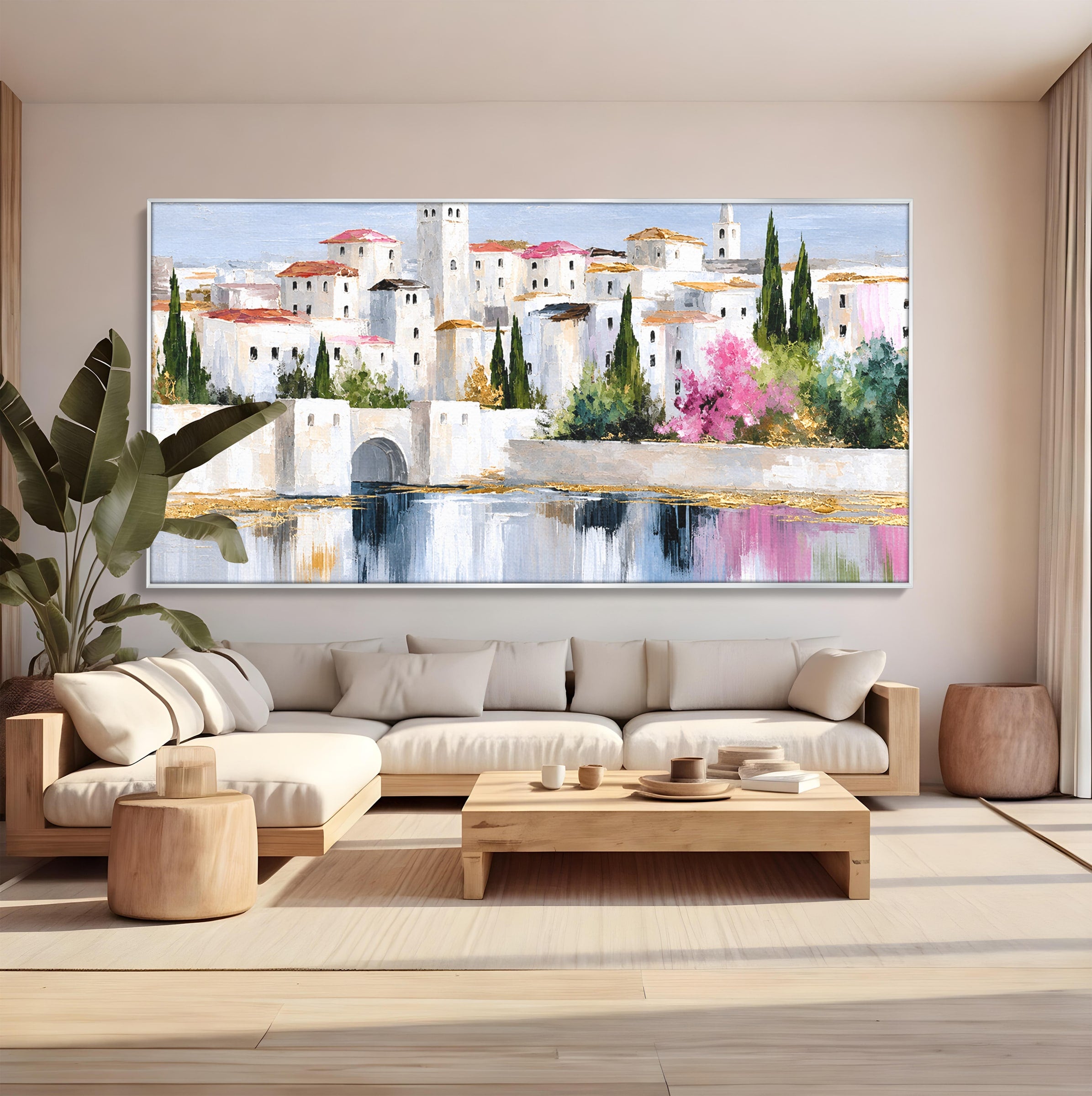 Tablou Canvas Premium LuxCanva® O1065, Oras Mediteranean Pe Malul Ape, Oras, Peisaj, Mediterranean, Rafinat, Living, Culori Vibrante