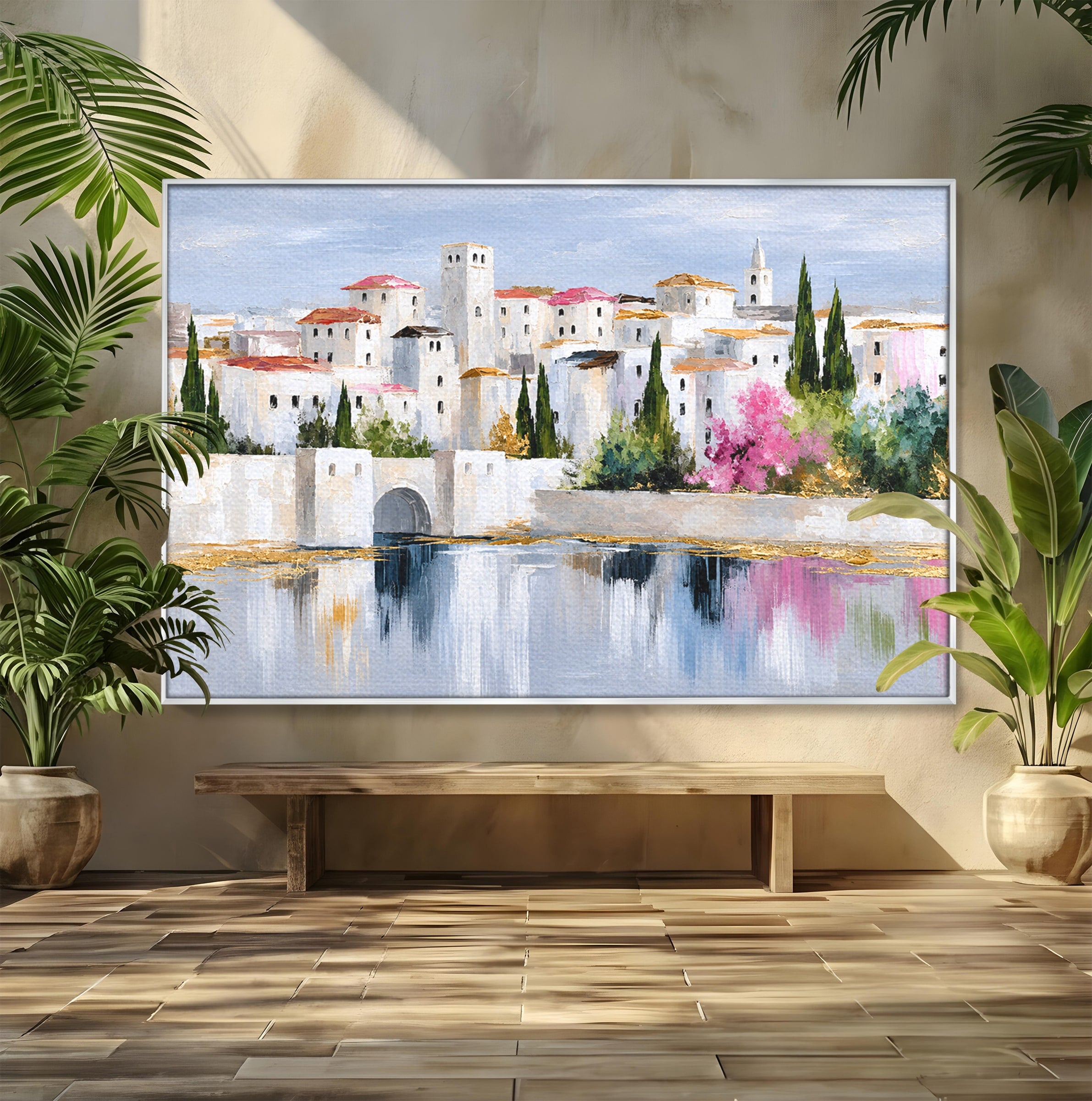 Tablou Canvas Premium LuxCanva® O1065, Oras Mediteranean Pe Malul Ape, Oras, Peisaj, Mediterranean, Rafinat, Living, Culori Vibrante