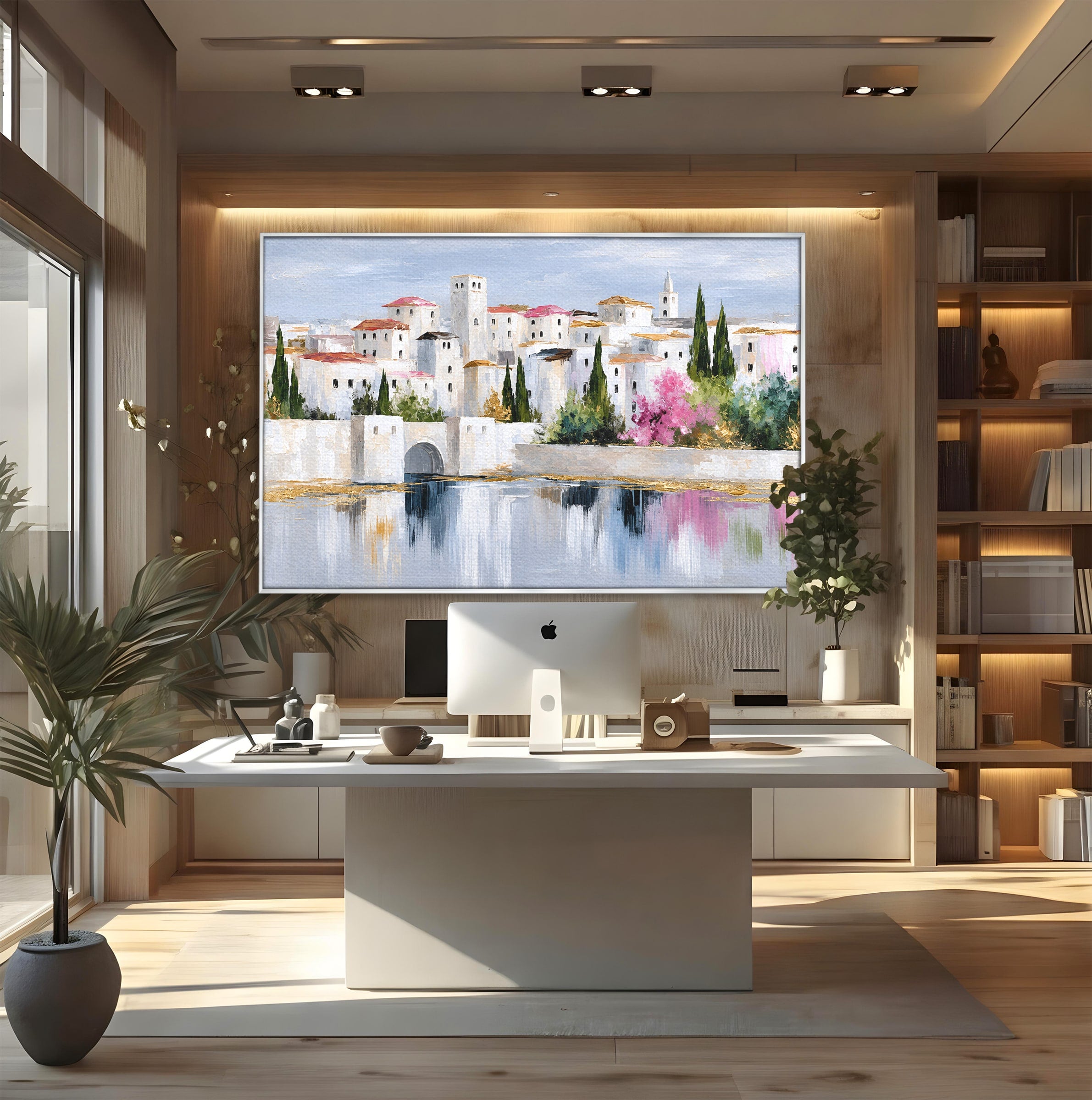 Tablou Canvas Premium LuxCanva® O1065, Oras Mediteranean Pe Malul Ape, Oras, Peisaj, Mediterranean, Rafinat, Living, Culori Vibrante
