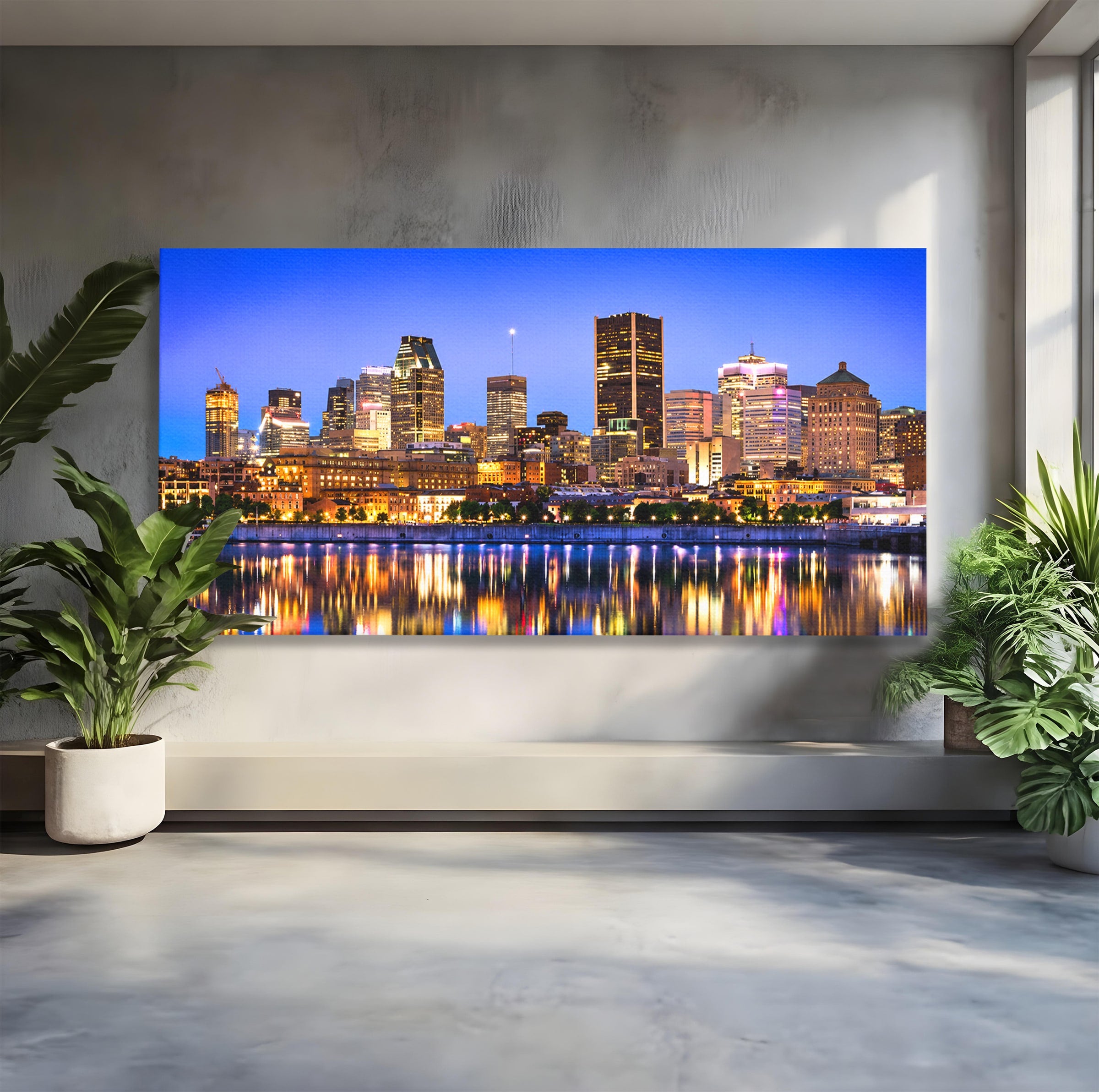 Tablou Canvas Premium LuxCanva® O1069, Orasul Noaptea, Oras, Noapte, Reflexii, Panorama, Living, Culori Vibrante