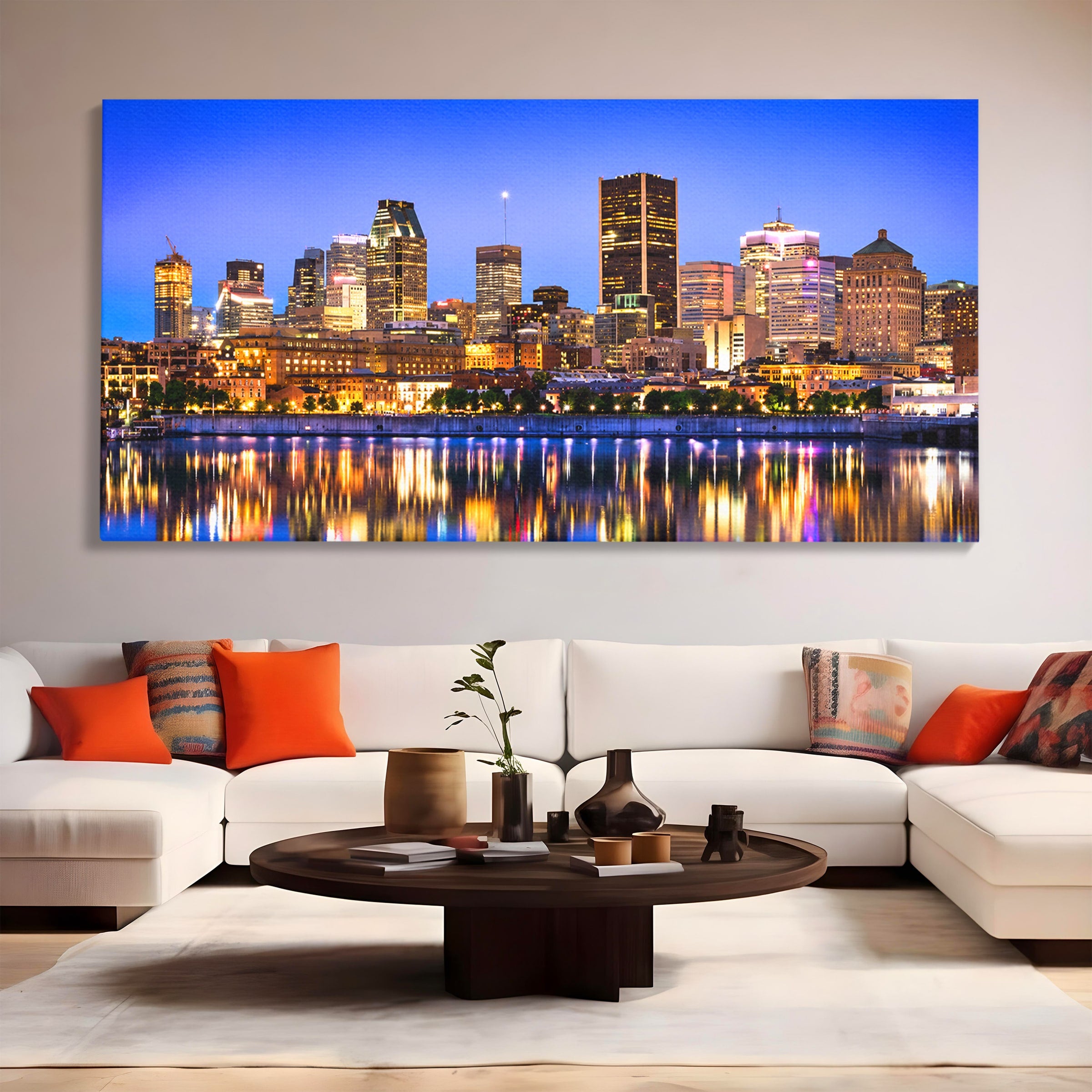 Tablou Canvas Premium LuxCanva® O1069, Orasul Noaptea, Oras, Noapte, Reflexii, Panorama, Living, Culori Vibrante