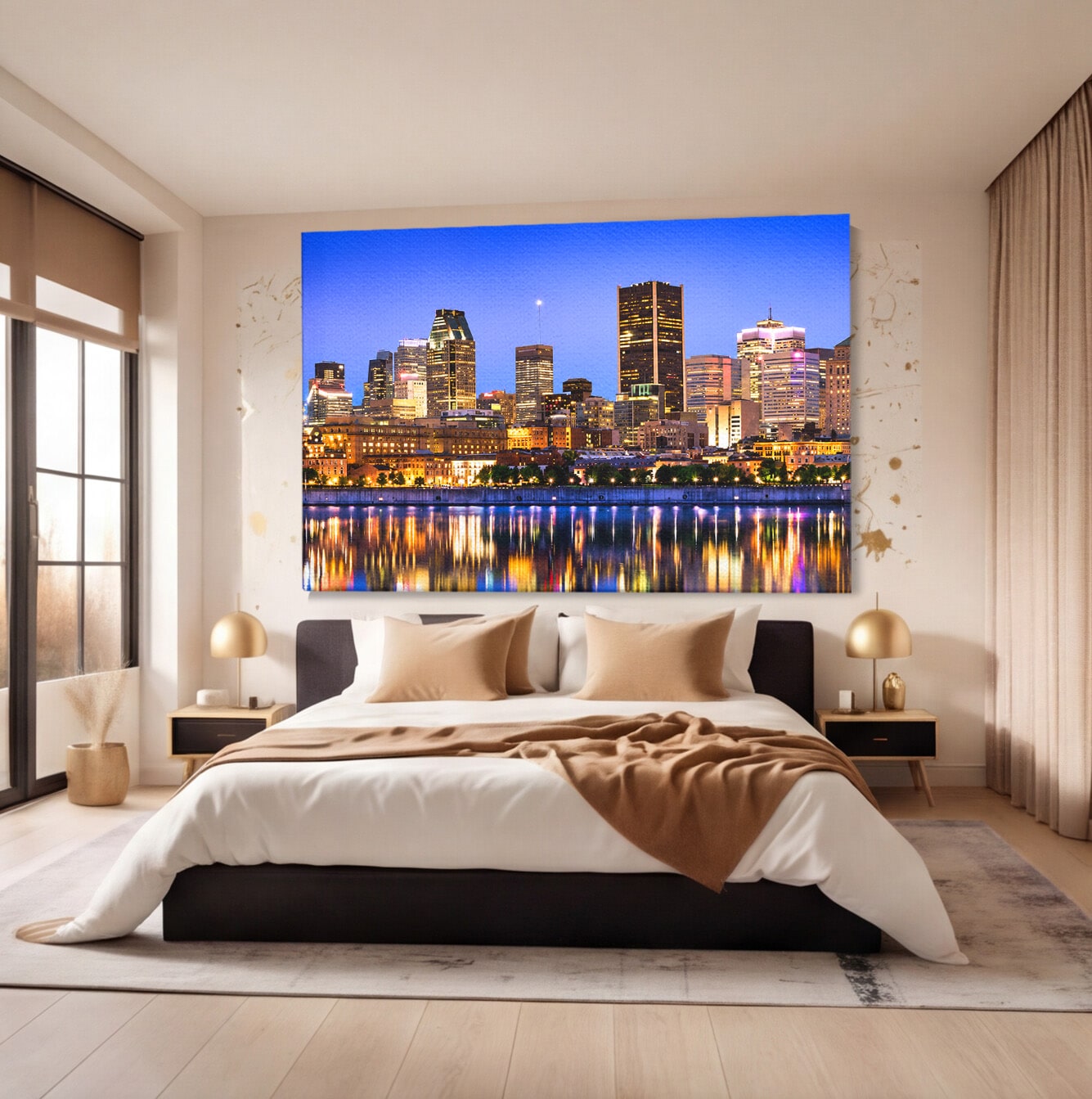 Tablou Canvas Premium LuxCanva® O1069, Orasul Noaptea, Oras, Noapte, Reflexii, Panorama, Living, Culori Vibrante